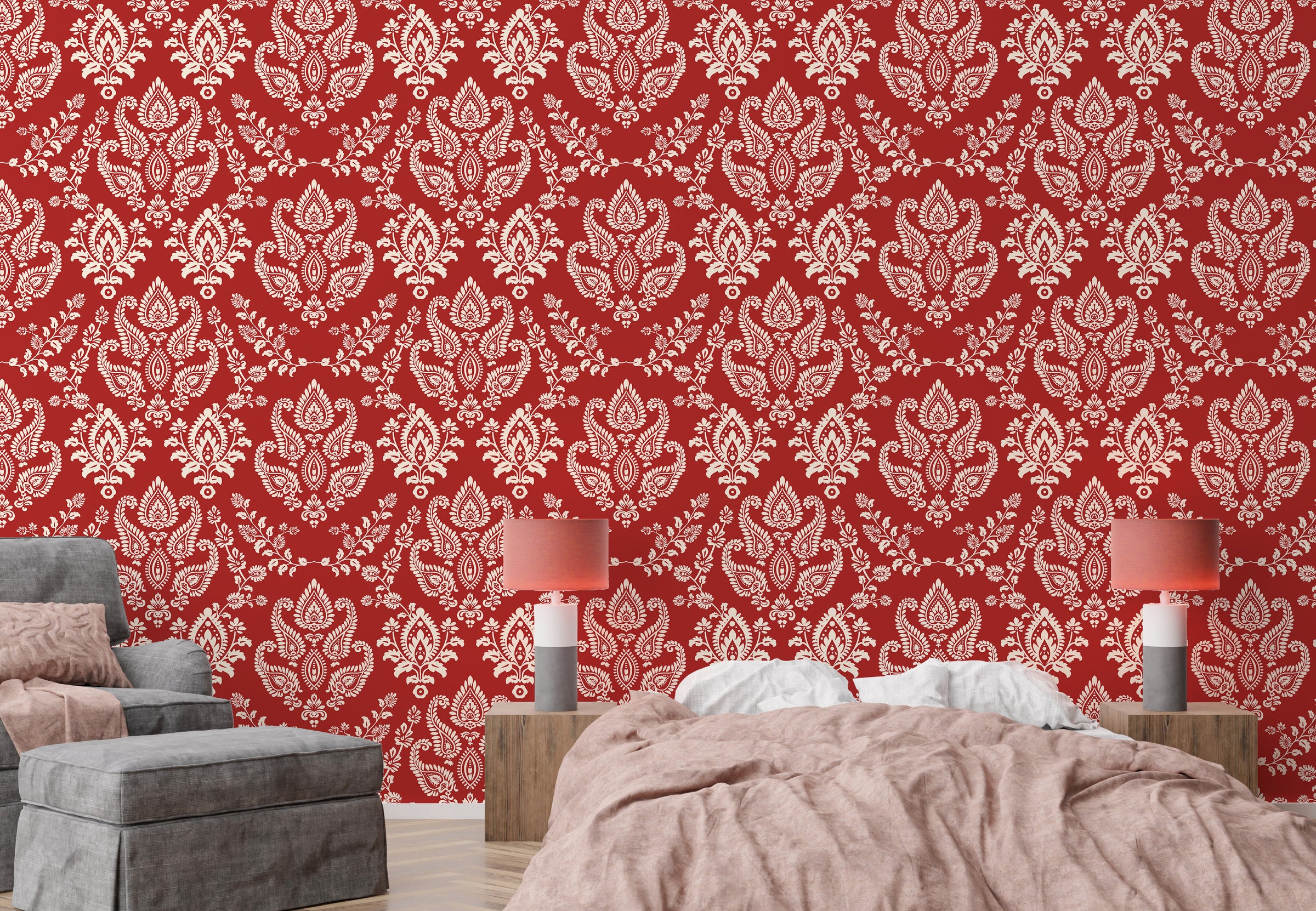 Vintage floral damask surface design elevating luxurious bedroom interior aesthetic charm