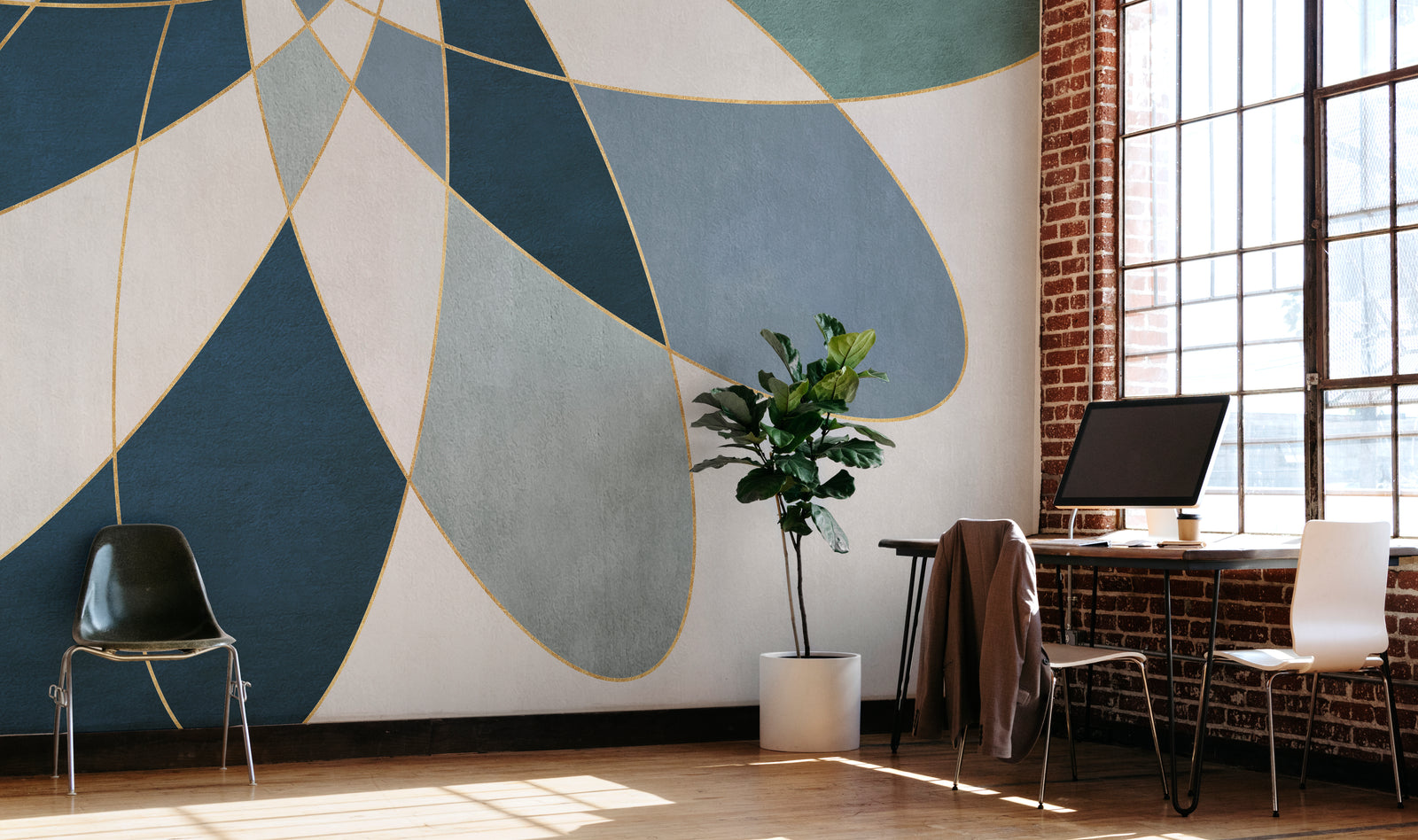 Blue Gold Geometric Wall Mural | Abstract Peel and Stick Wallpaper