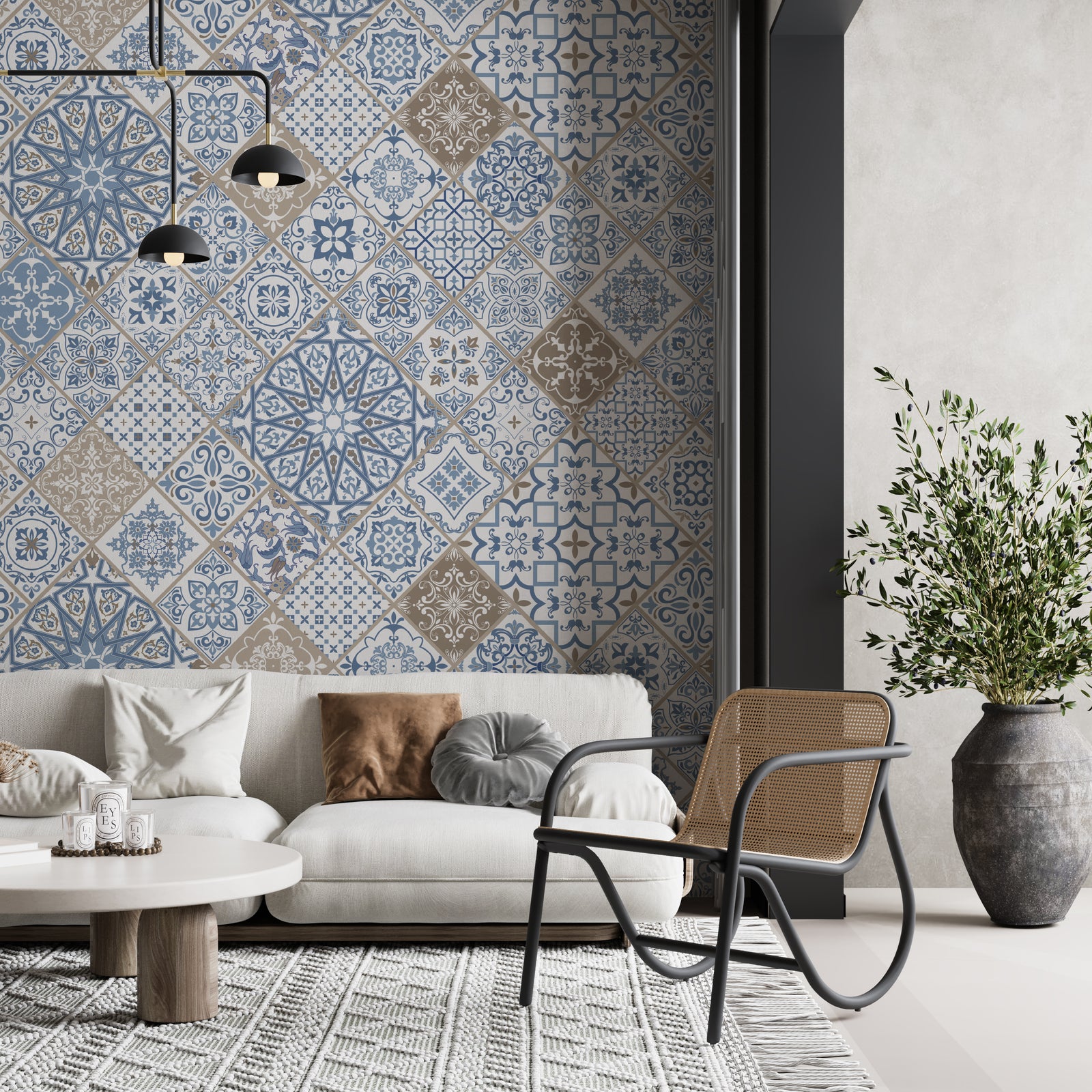 Waterproof blue tile pattern wallpaper with vintage Mediterranean style for livingroom decor