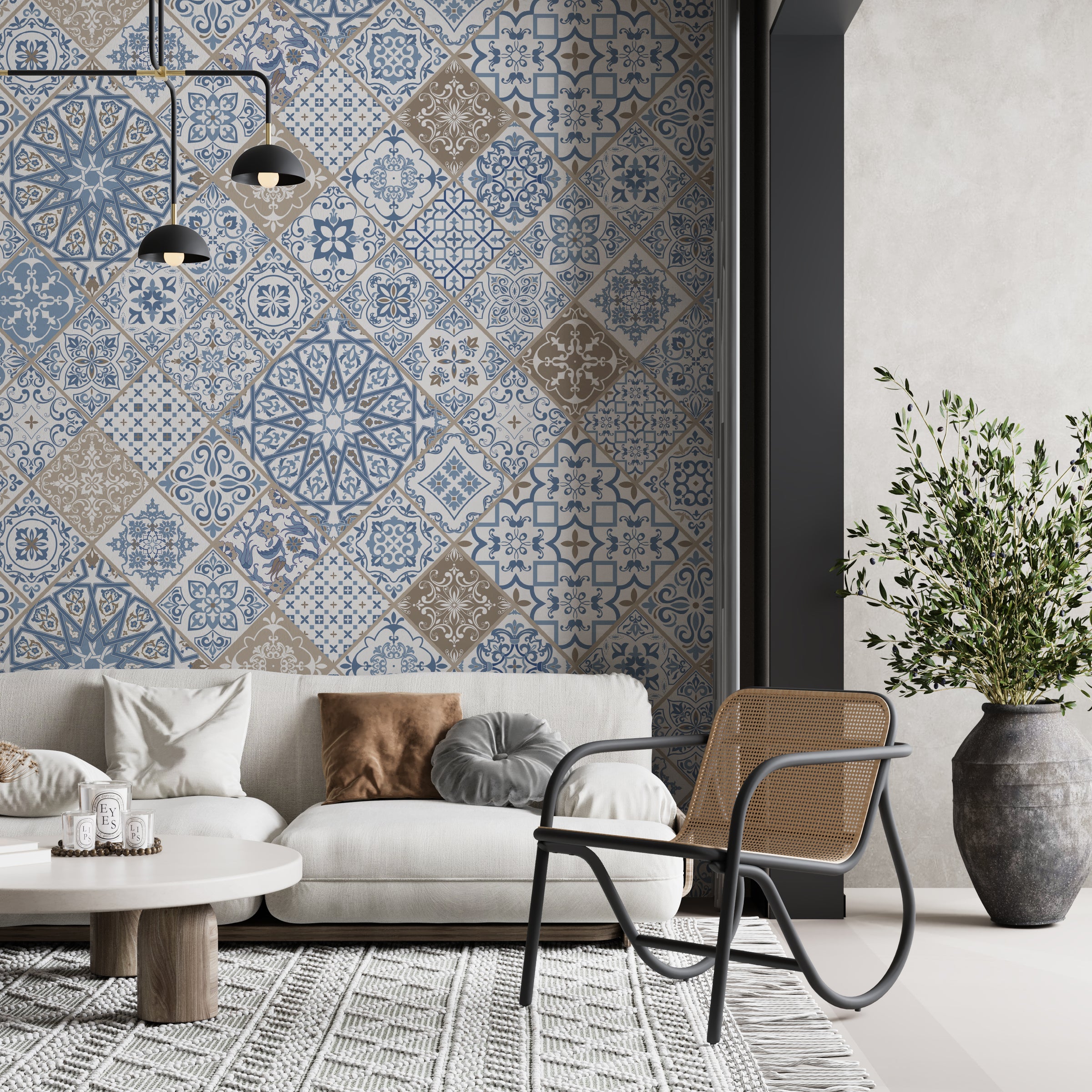 Waterproof blue tile pattern wallpaper with vintage Mediterranean style for livingroom decor