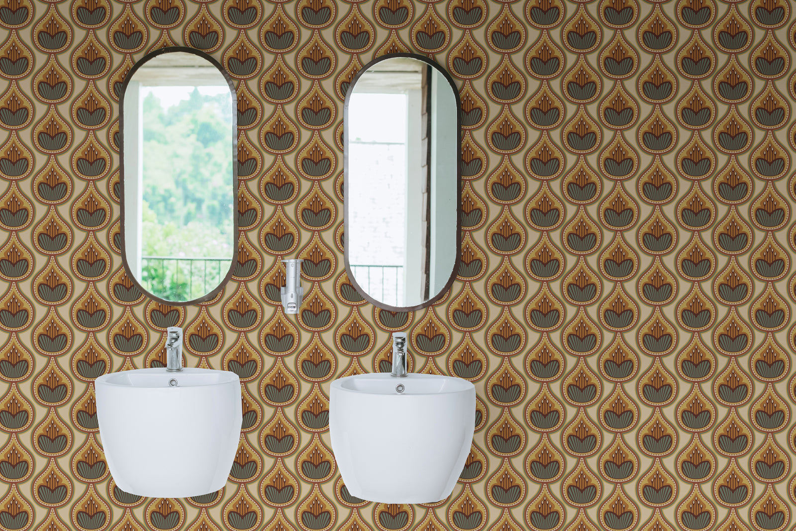 Rich geometric floral pattern in golden brown tones boosting modern bathroom wall appeal
