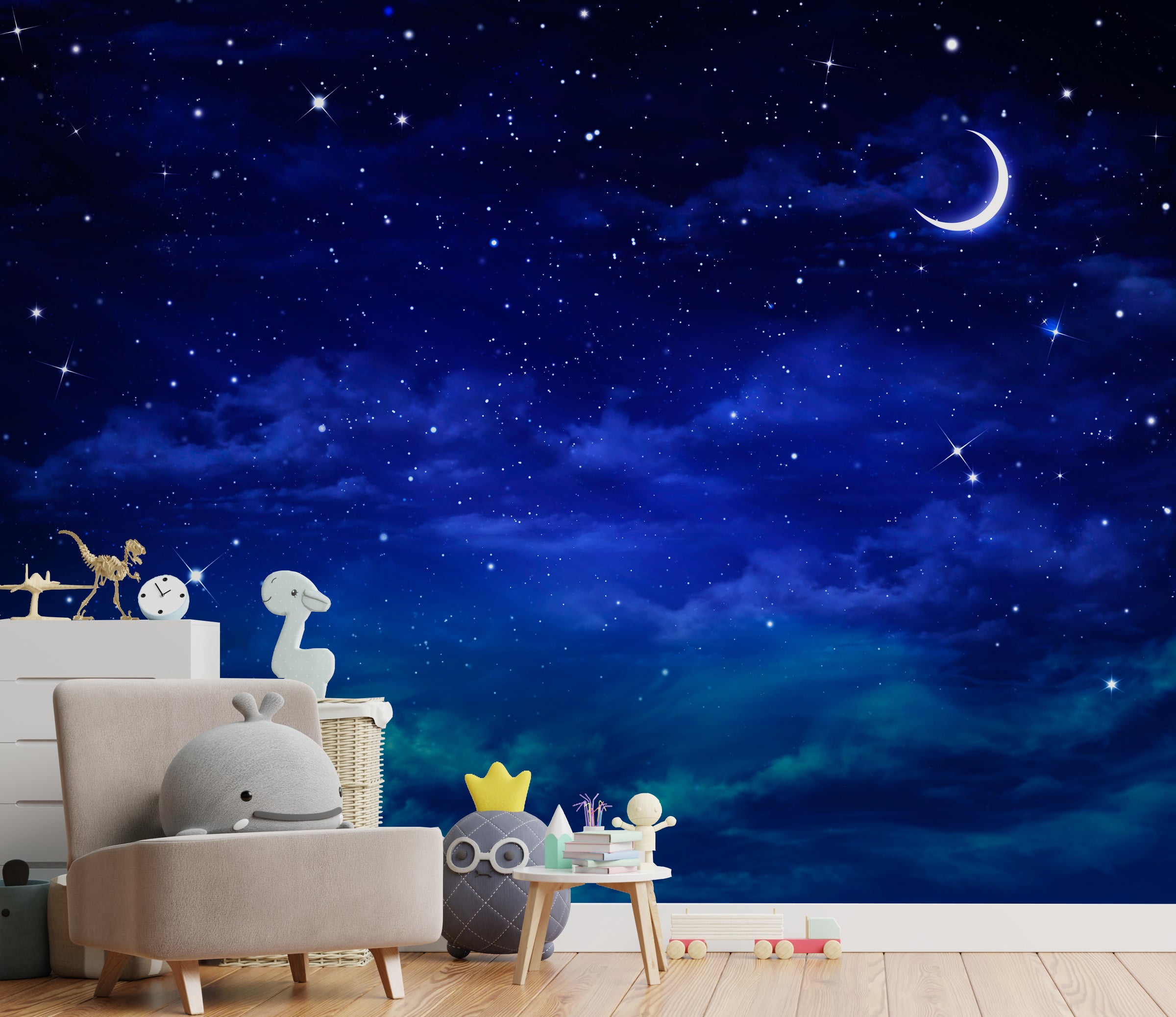 Luminous star cluster wallpaper mural decorating youth relaxation corner wall providing calming celestial scenery