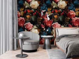 Bold dark botanical wallpaper featuring lush florals for modern bedroom statement wall