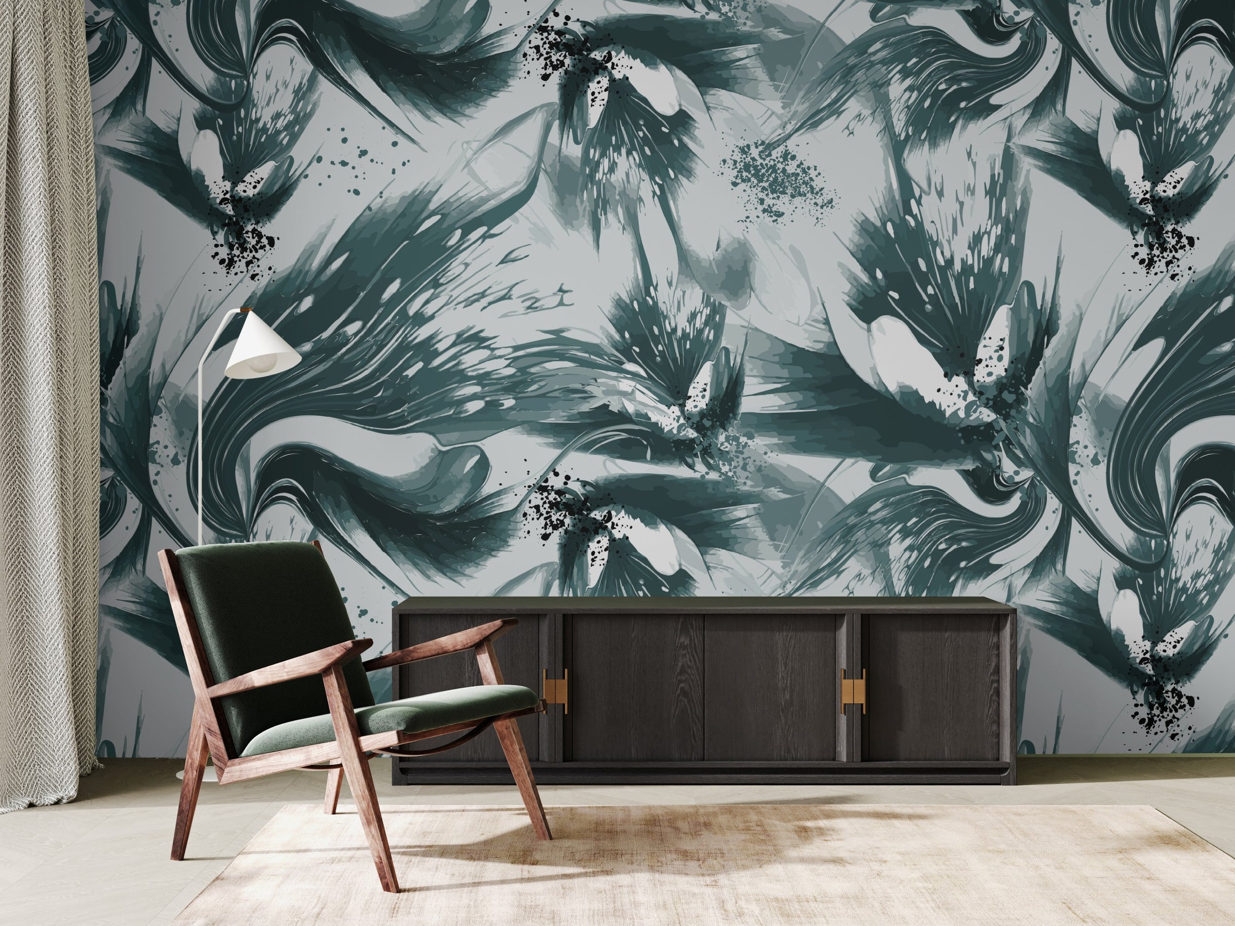 Contemporary abstract floral wallpaper in teal shades boosting creative and stylish office interior