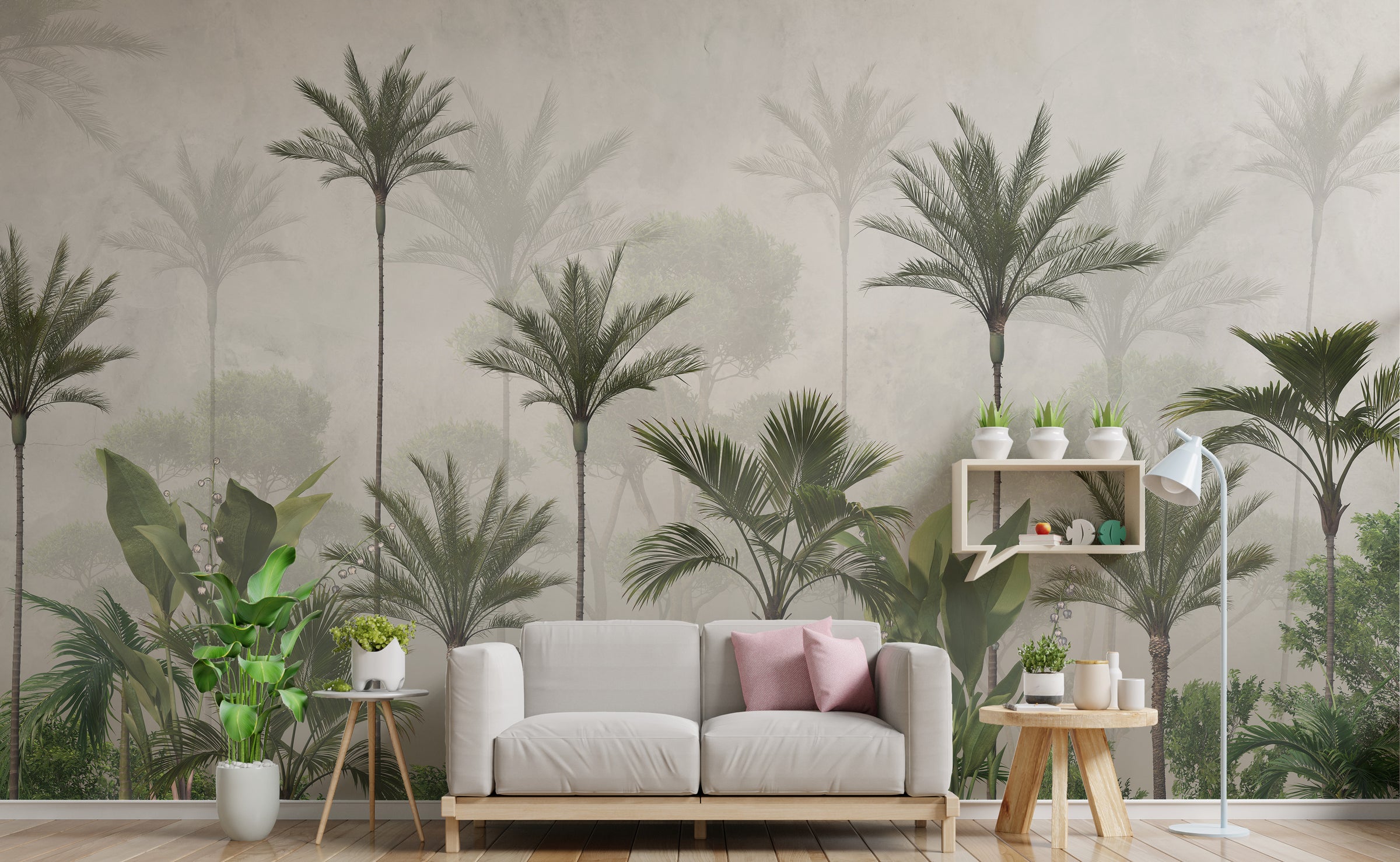 Tropical palm tree wall mural in soft green tones for modern living room decor