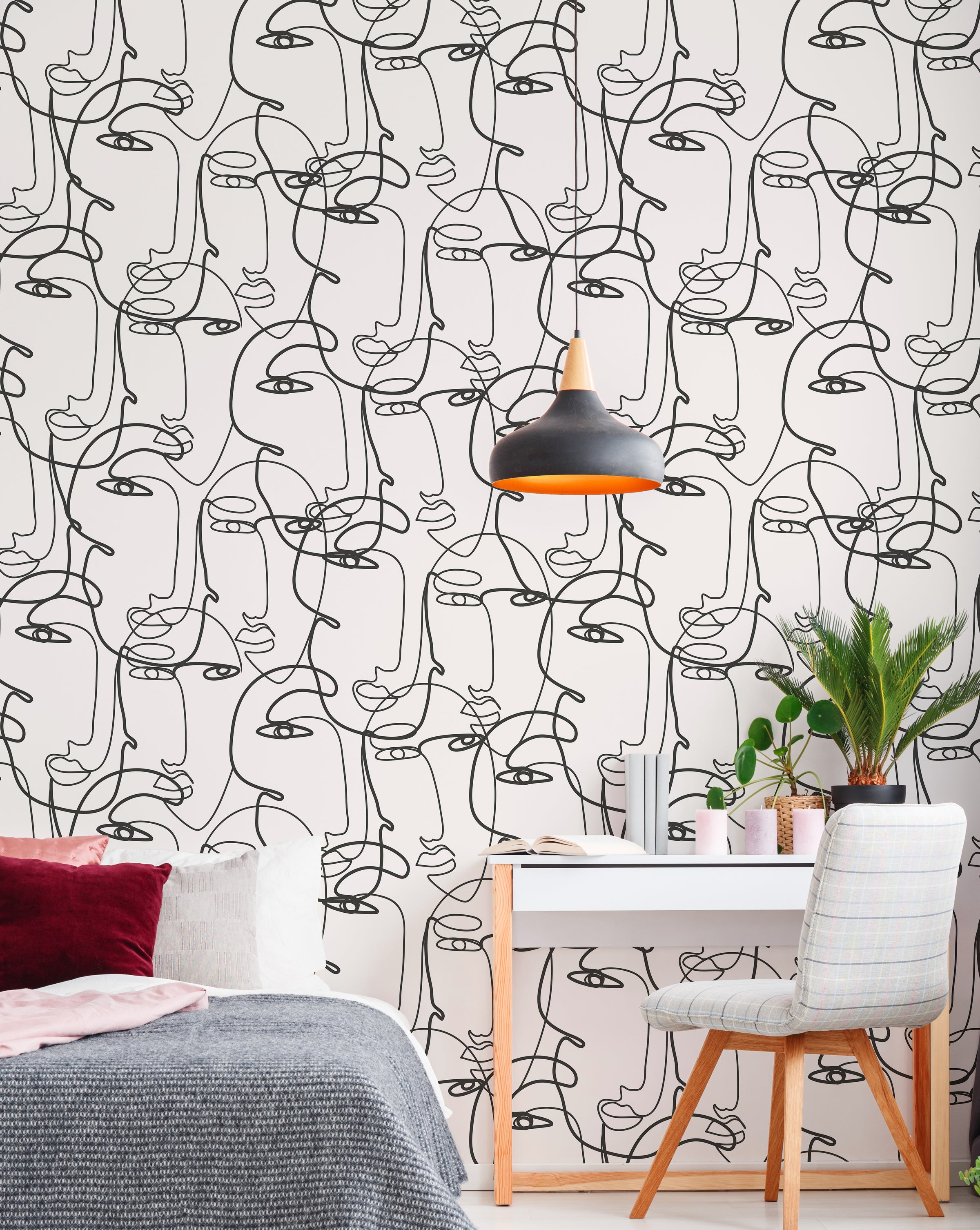 Calm bedroom space styled with minimalist facial outline illustration forming artistic decorative background