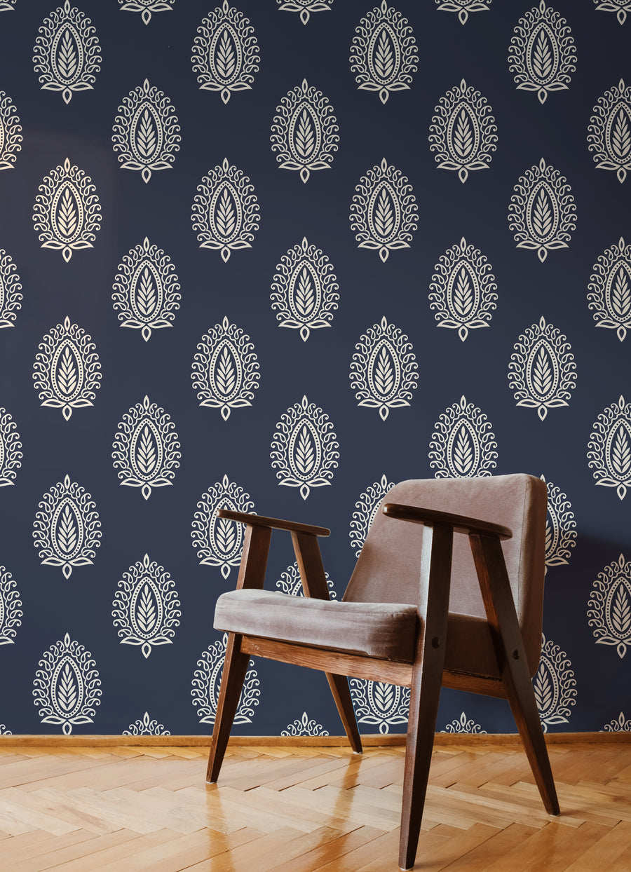 Blue and White Damask Paisley Wallpaper Self-Adhesive Peel and Stick Wall Decor