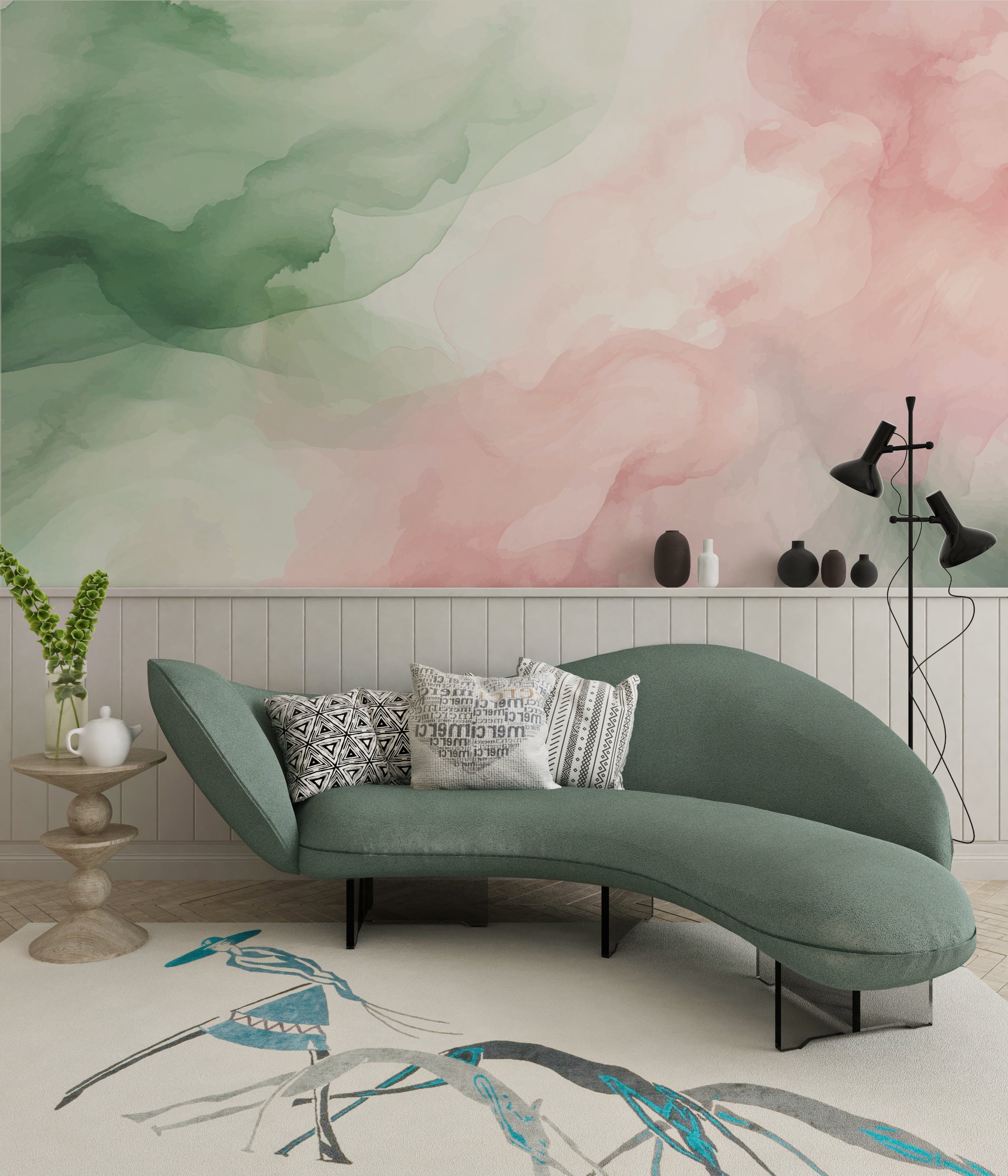 Serene bedroom setup showcasing abstract blush mint pattern creating calm and relaxing atmosphere