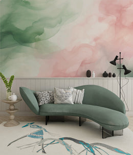 Serene bedroom setup showcasing abstract blush mint pattern creating calm and relaxing atmosphere