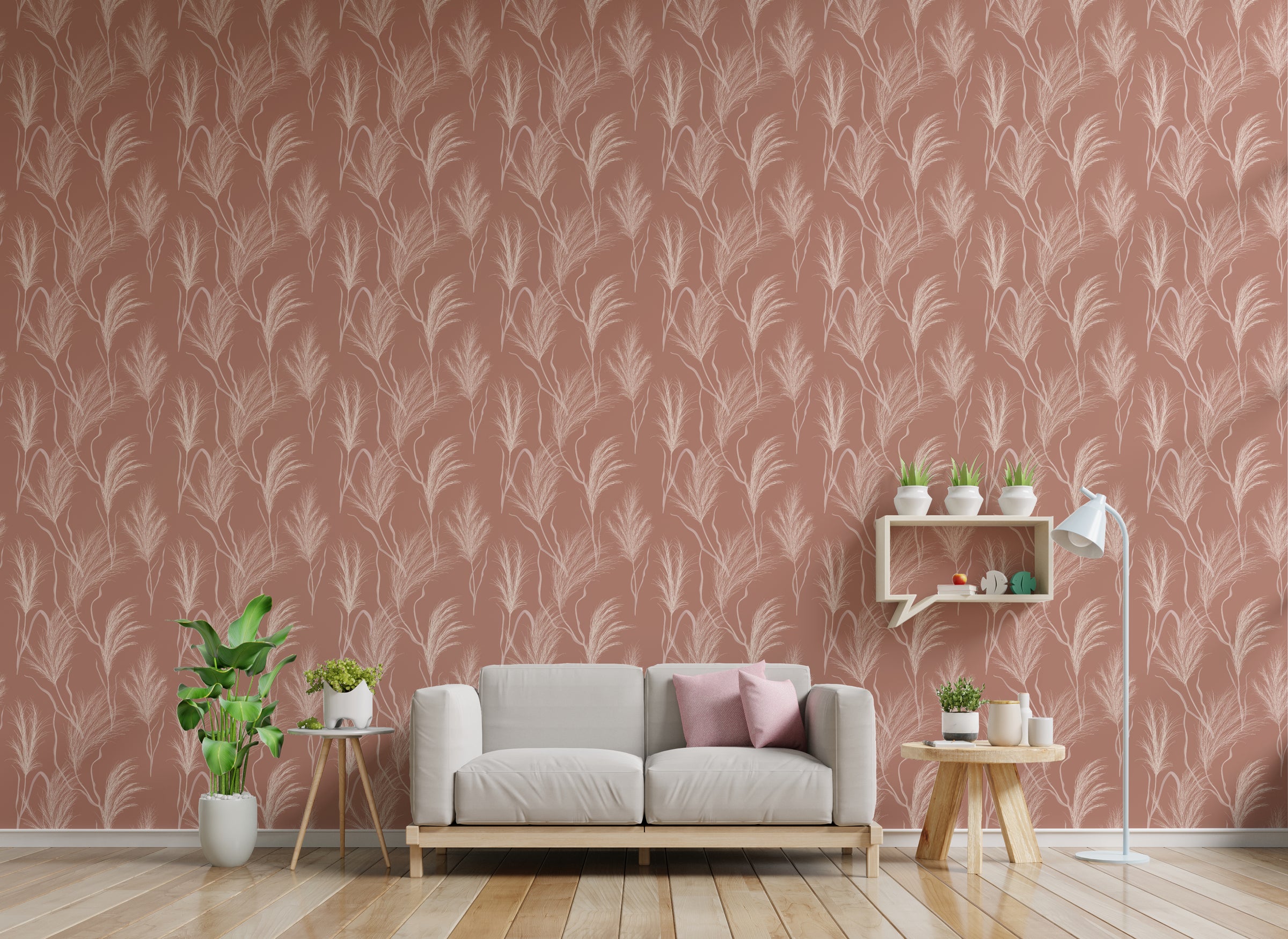Boho Feather Grass Pink Peel and Stick Wallpaper