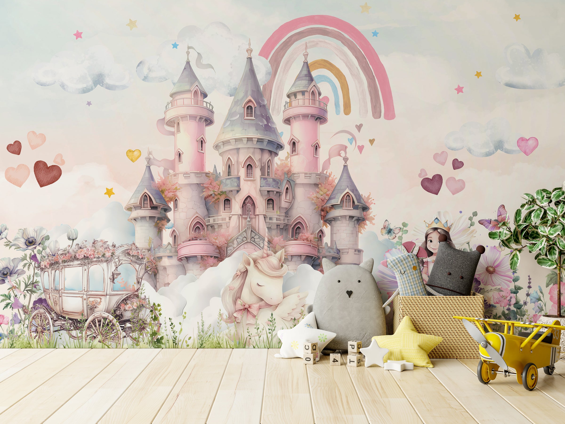 Pink Castle Kids Wallpaper with Rainbow Unicorns | Peel and Stick Wall Mural
