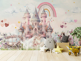Pink Castle Kids Wallpaper with Rainbow Unicorns | Peel and Stick Wall Mural