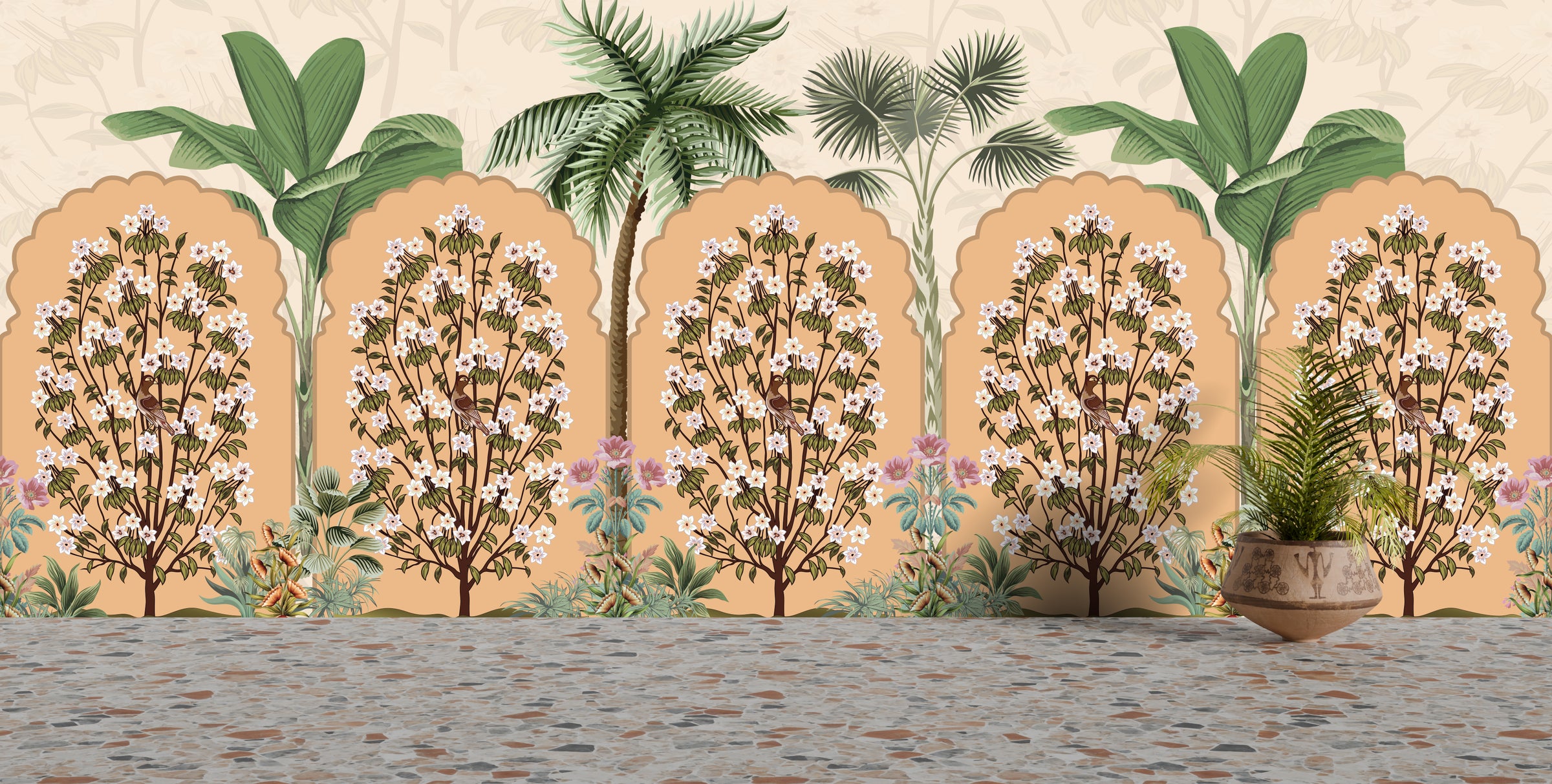 Elegant botanical pattern in earthy tones for calm and inspiring home office decor