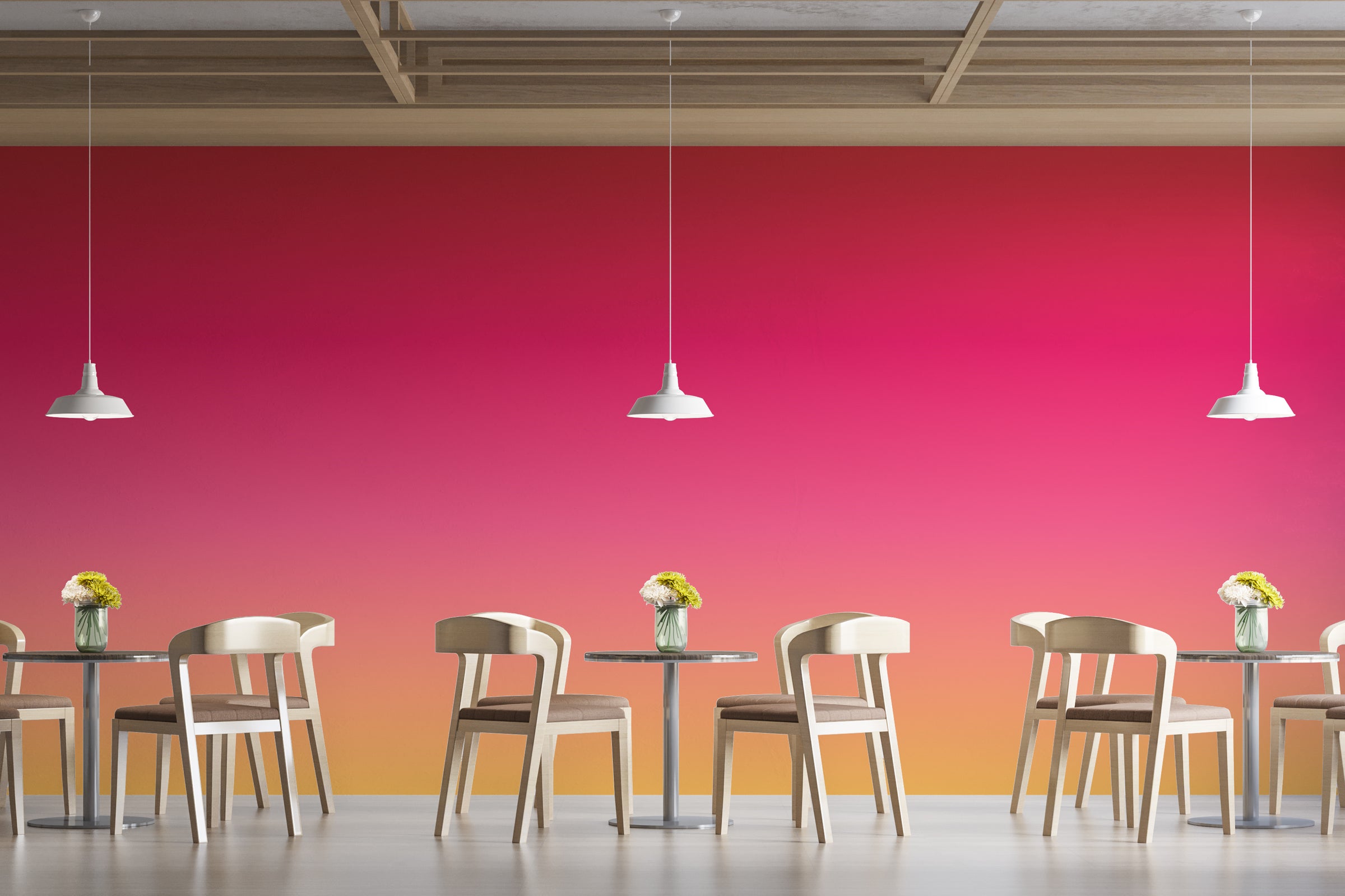 High-end dining area decor with gradient wall decor, pink orange hues, built for statement spaces