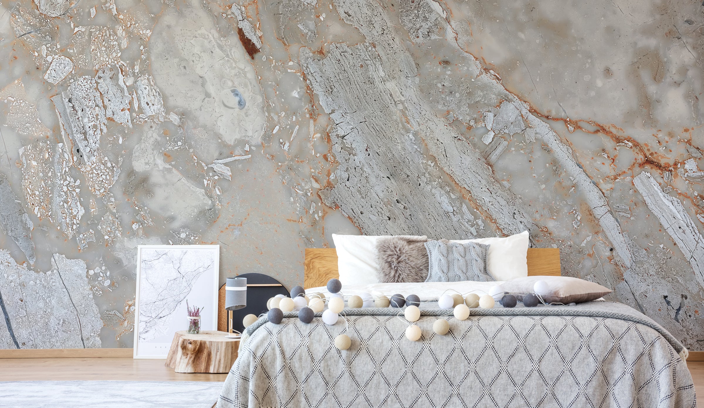 Rustic rock pattern wall covering displaying organic mineral design for modern bedroom accent