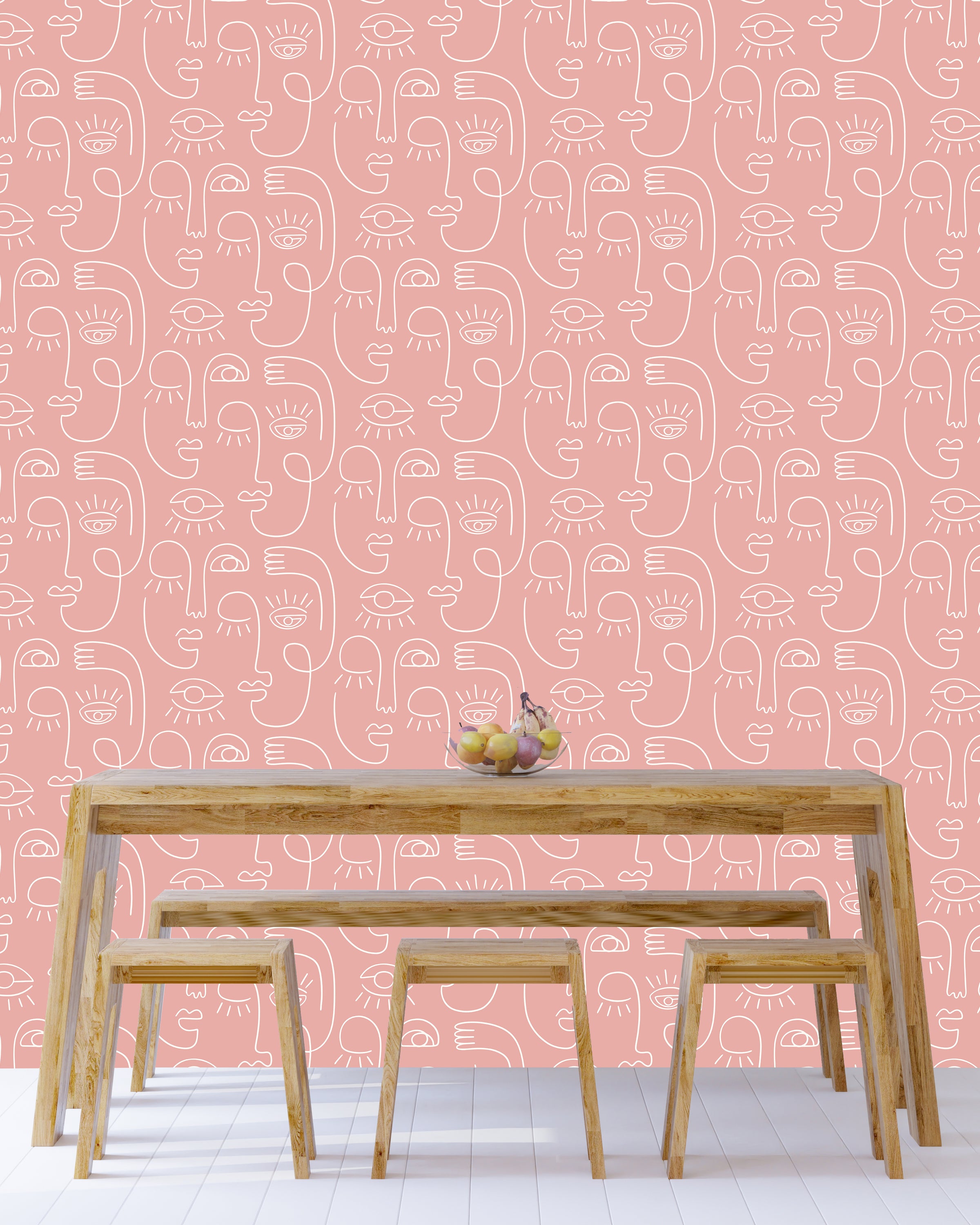 Luxury dining area styled with sophisticated continuous line art wall covering creating visual interest and modern decorative appeal.