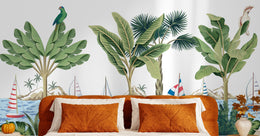 Tropical palm peel and stick design with lush green leaves in bedroom decor