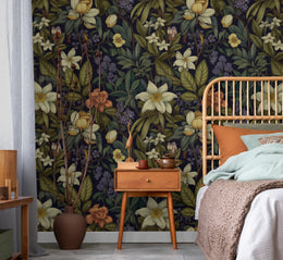 Luxury bedroom wall decor featuring botanical floral wallpaper with deep tones, perfect for cozy interiors