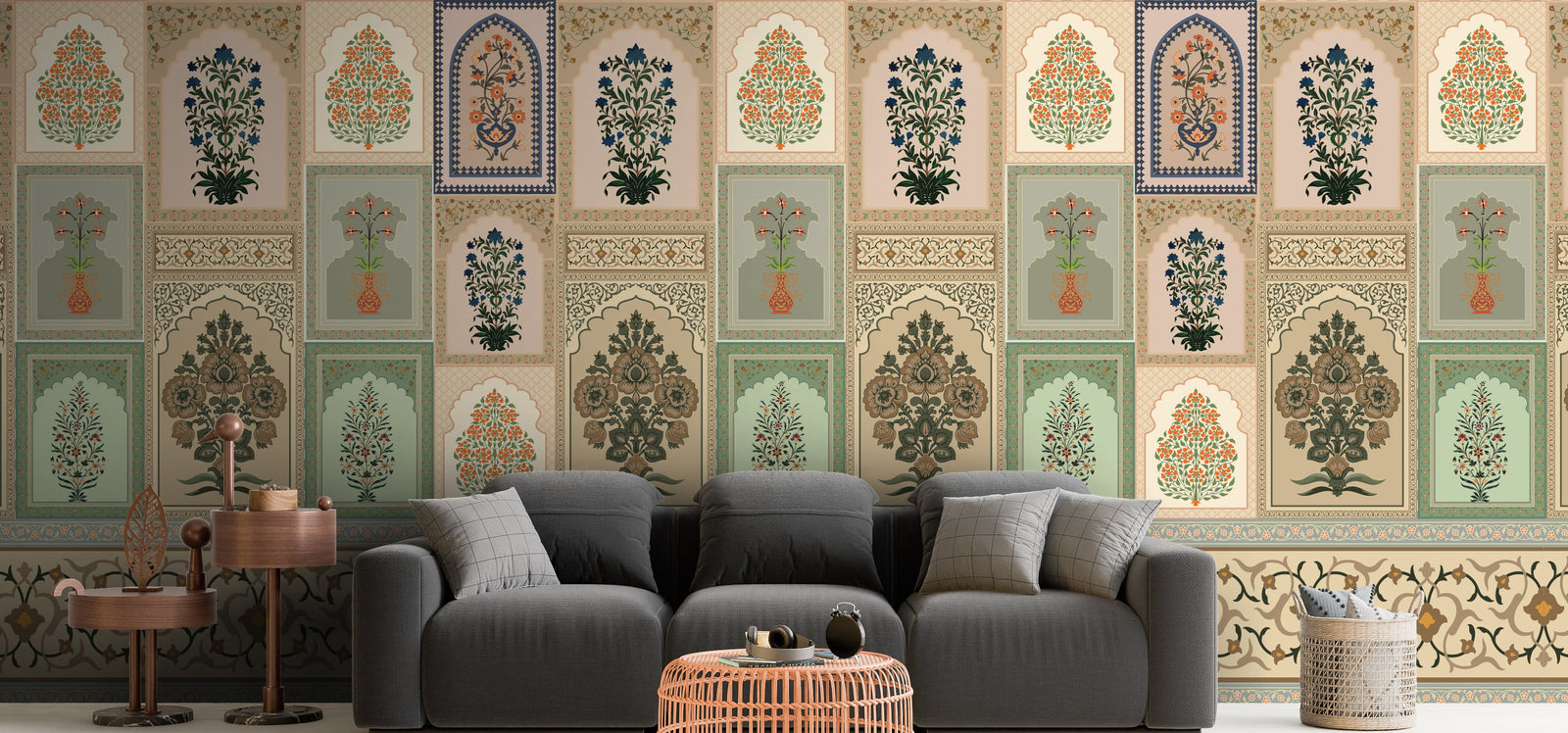 Indian pattern wall mural showcasing detailed plant motifs in sage green living room