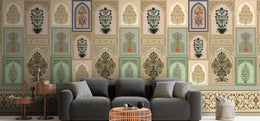 Indian pattern wall mural showcasing detailed plant motifs in sage green living room