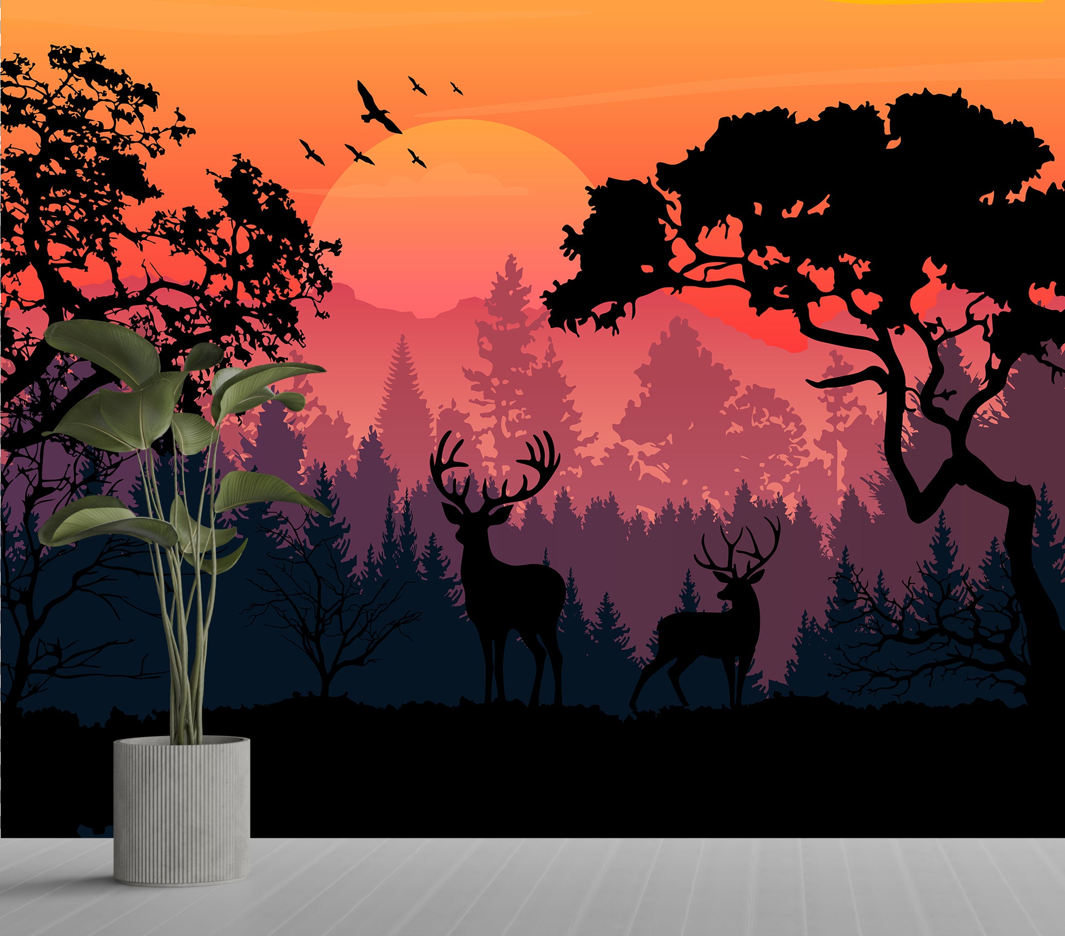 Elegant forest deer sunset wallpaper in rich colors, perfect for dining room walls.