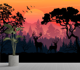 Elegant forest deer sunset wallpaper in rich colors, perfect for dining room walls.