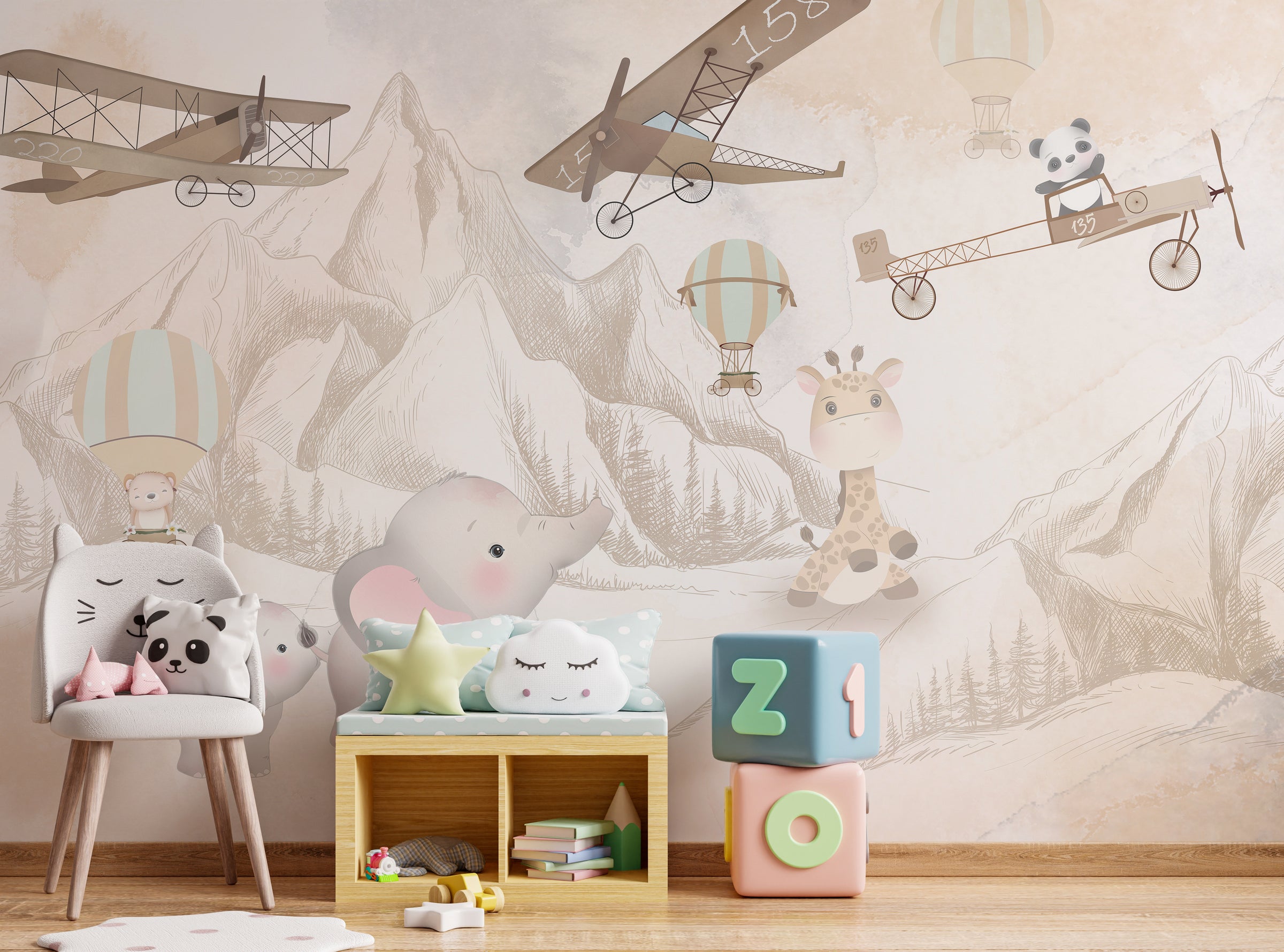 Neutral Safari Animal Nursery Wallpaper | Airplane and Balloon Peel and Stick Vinyl