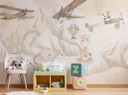 Neutral Safari Animal Nursery Wallpaper | Airplane and Balloon Peel and Stick Vinyl
