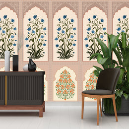 Modern lounge accent wall showcasing floral arch pattern mural with blue and green botanical elements