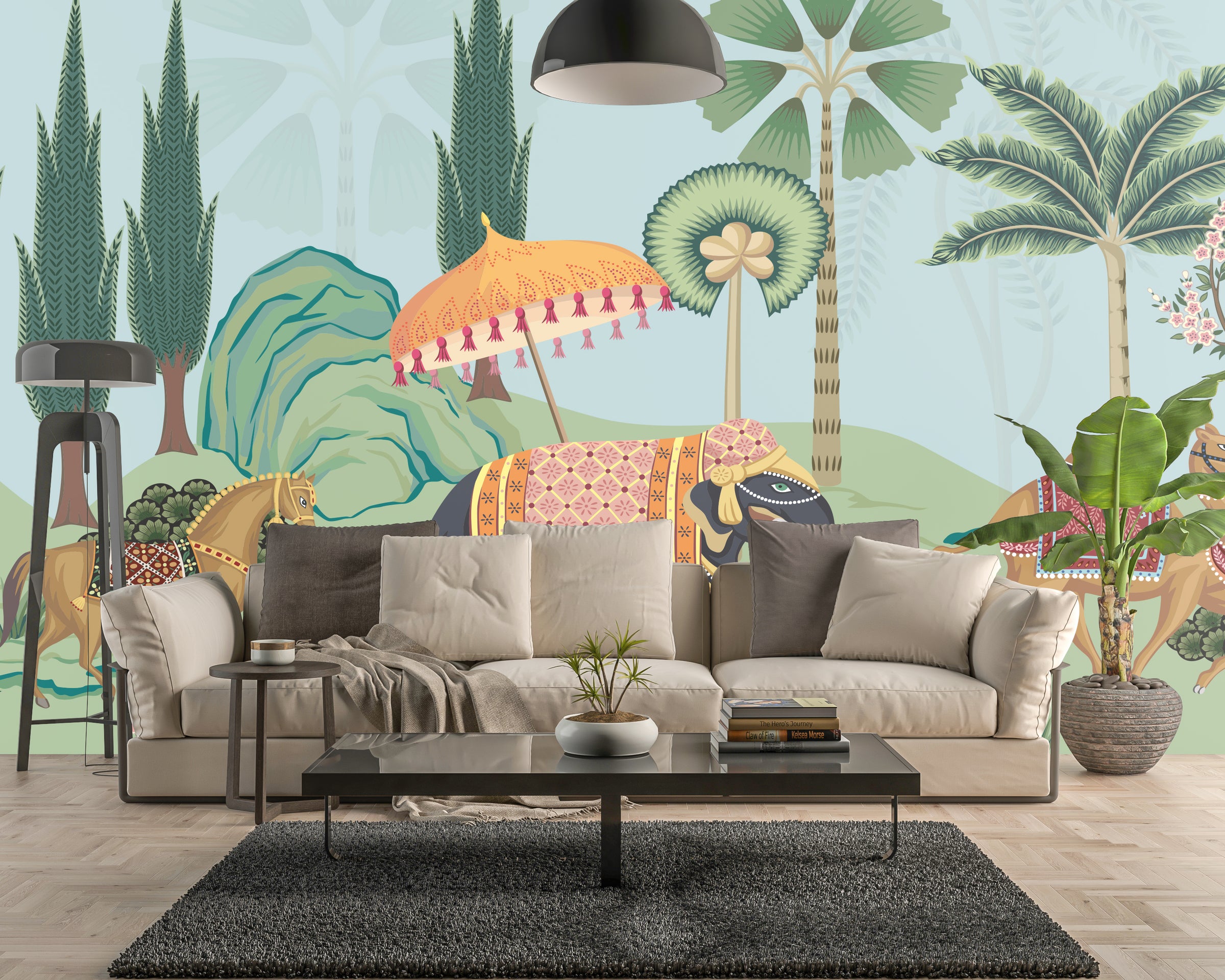 Vibrant Indian safari mural with elephant and camel in light blue living room decor