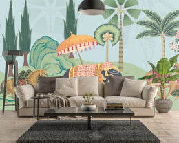 Vibrant Indian safari mural with elephant and camel in light blue living room decor