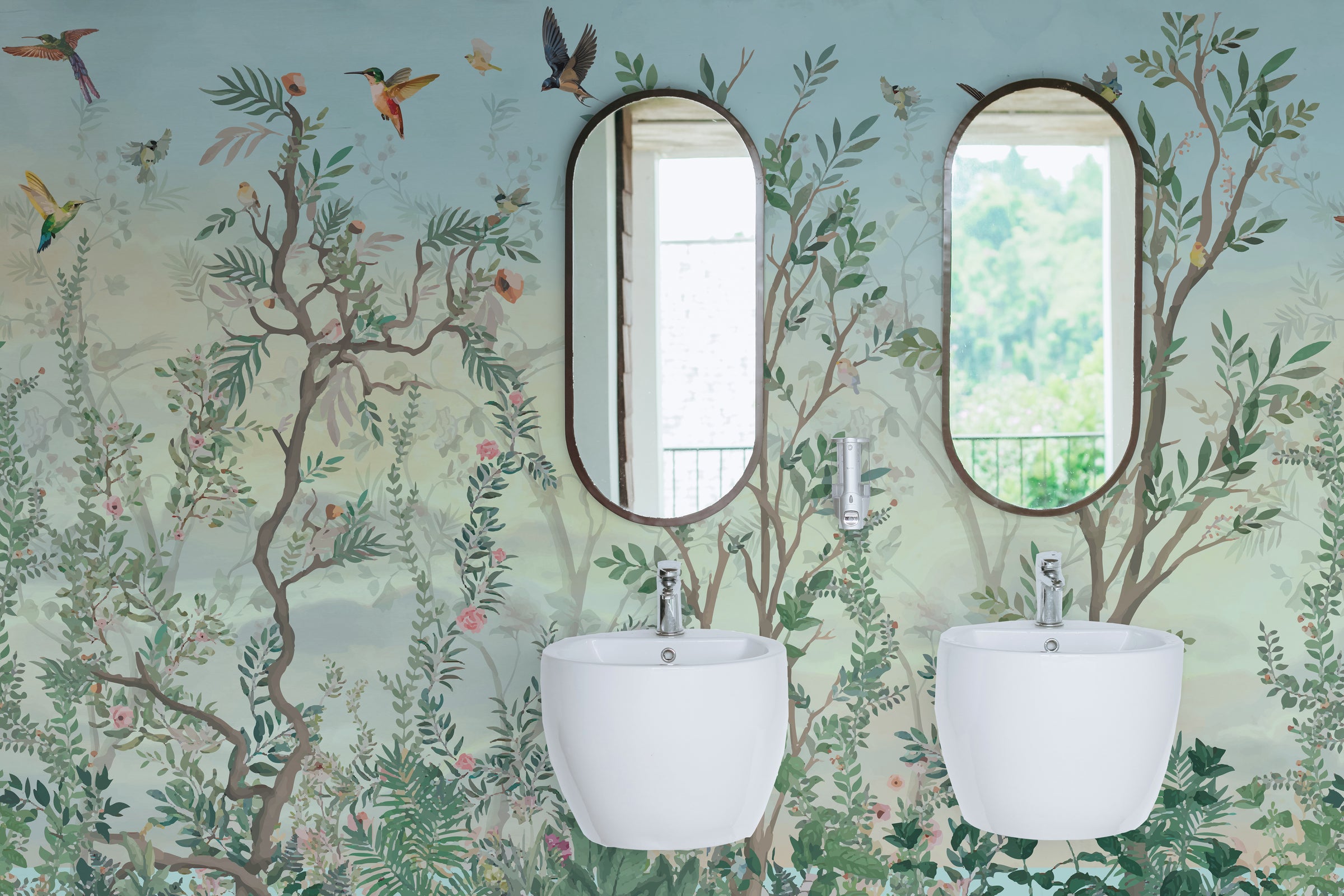 Decorative pastel woodland wallpaper mural with birds and blooming plants enhancing bathroom ambiance