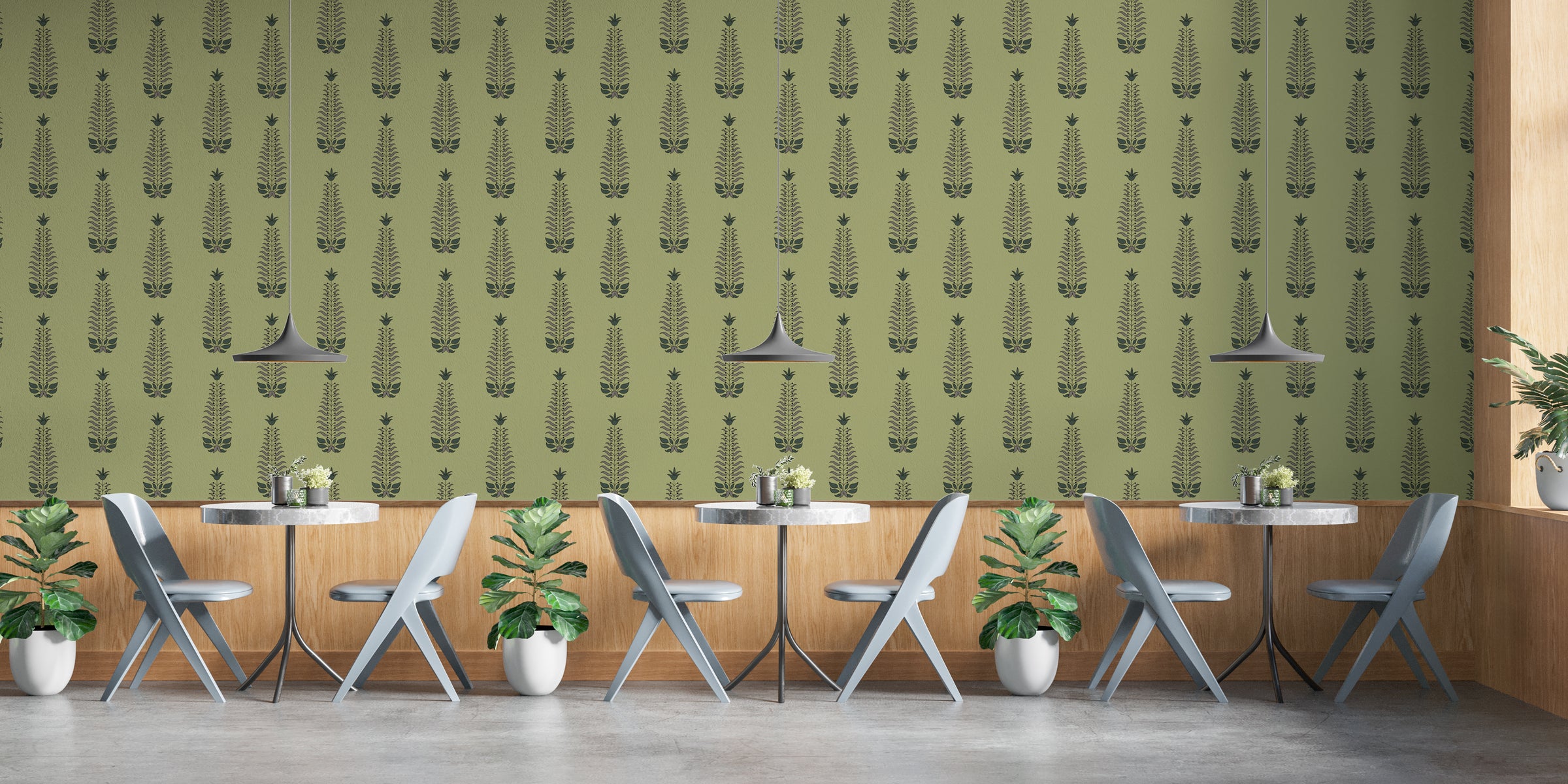 Botanical pattern wallpaper in green tones creating trendy and relaxing cafe interior ambiance