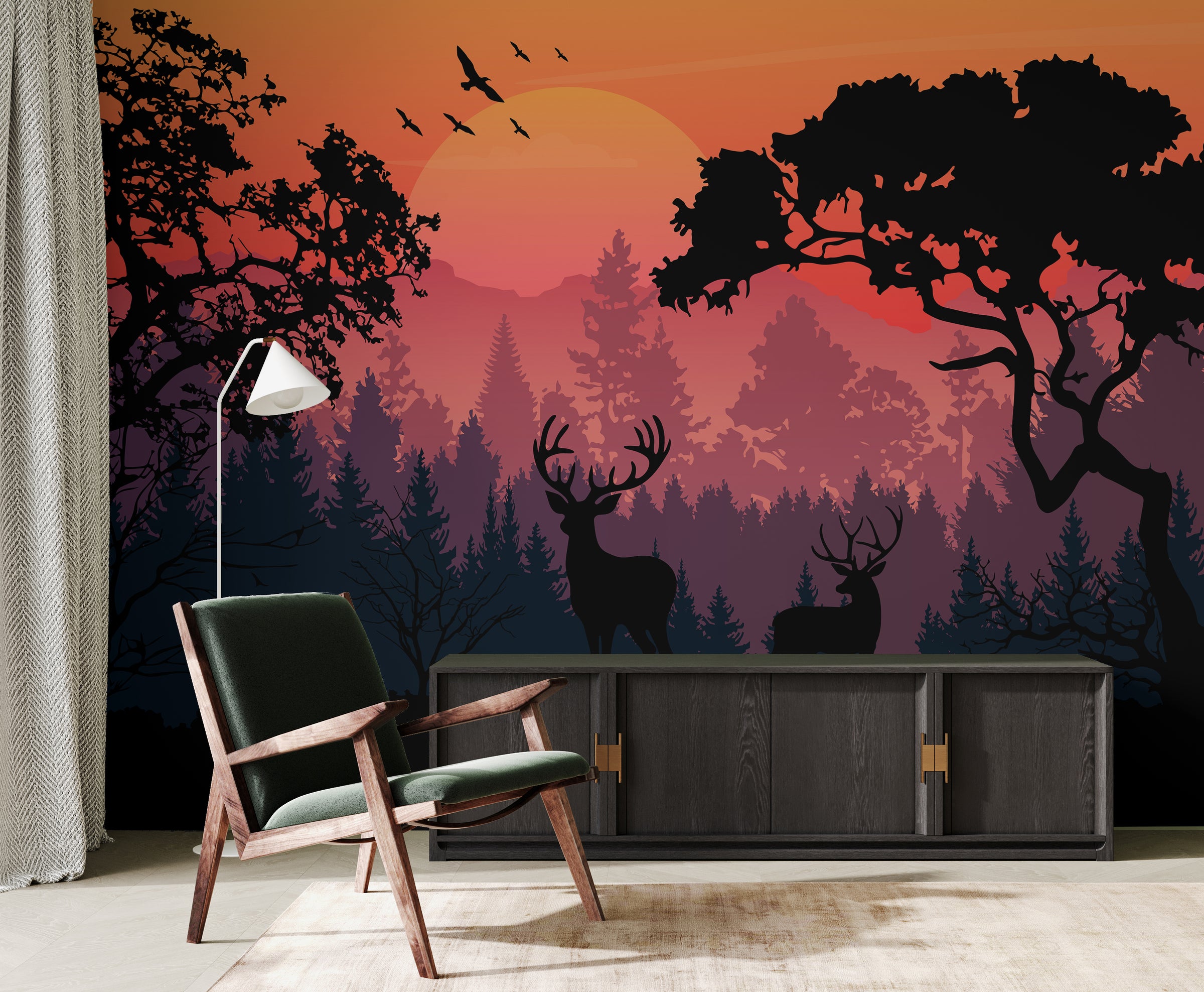 Forest sunset deer wall mural in muted tones, adding nature-inspired focus to office