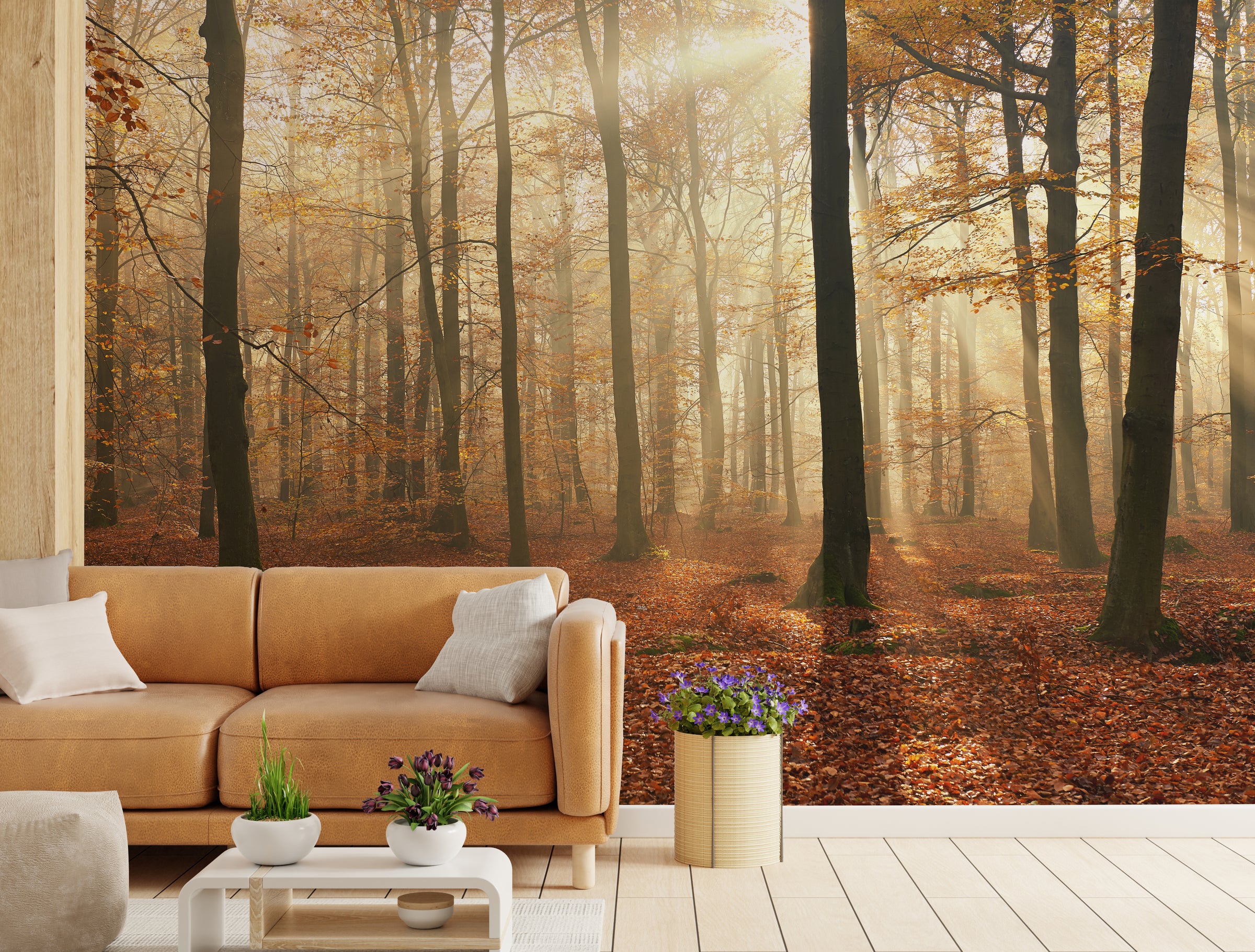 Nature’s Canvas jungle stick-on mural showcasing layered tropical foliage bringing vibrant outdoor depth to modern living areas.
