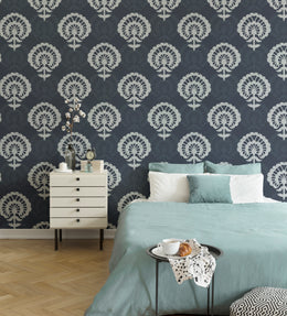 Luxury navy damask wall mural featuring vintage motifs perfect for elegant bedroom styling