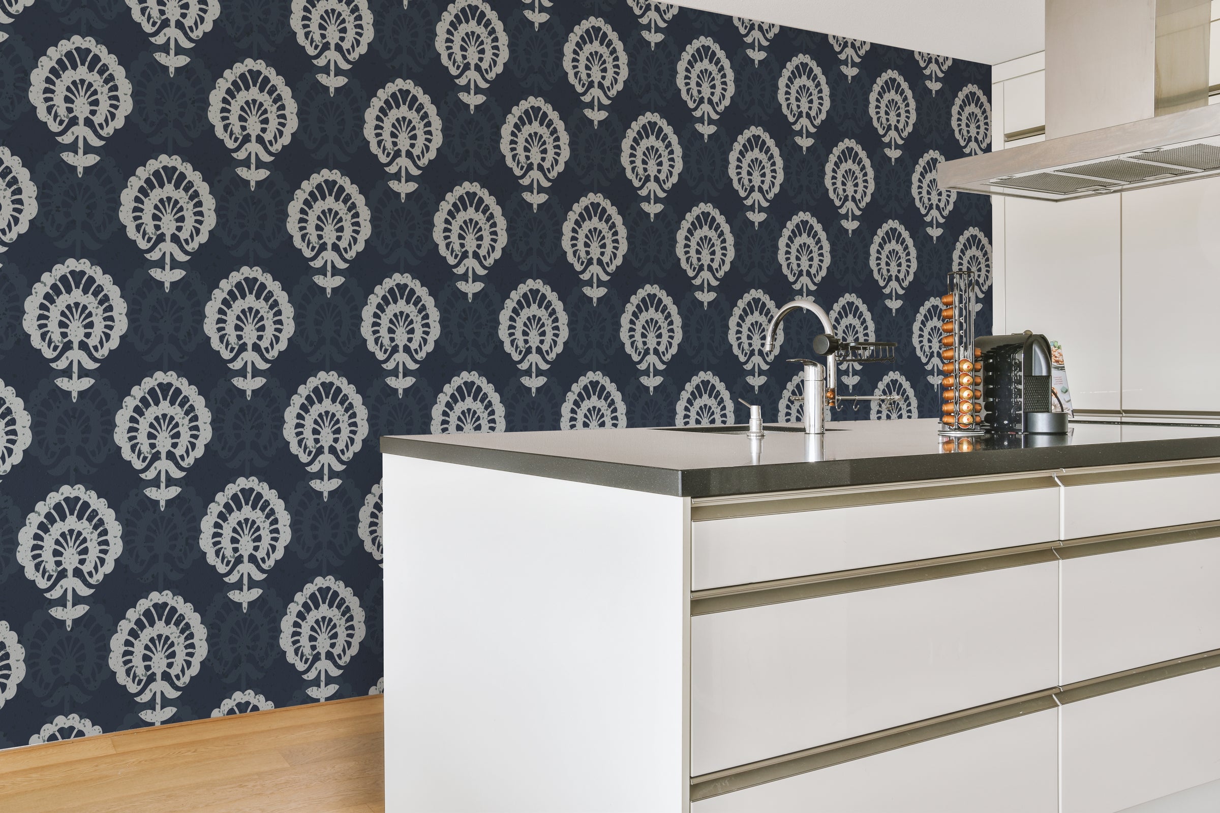 Elegant navy floral damask wallpaper adds dramatic depth to modern kitchen 