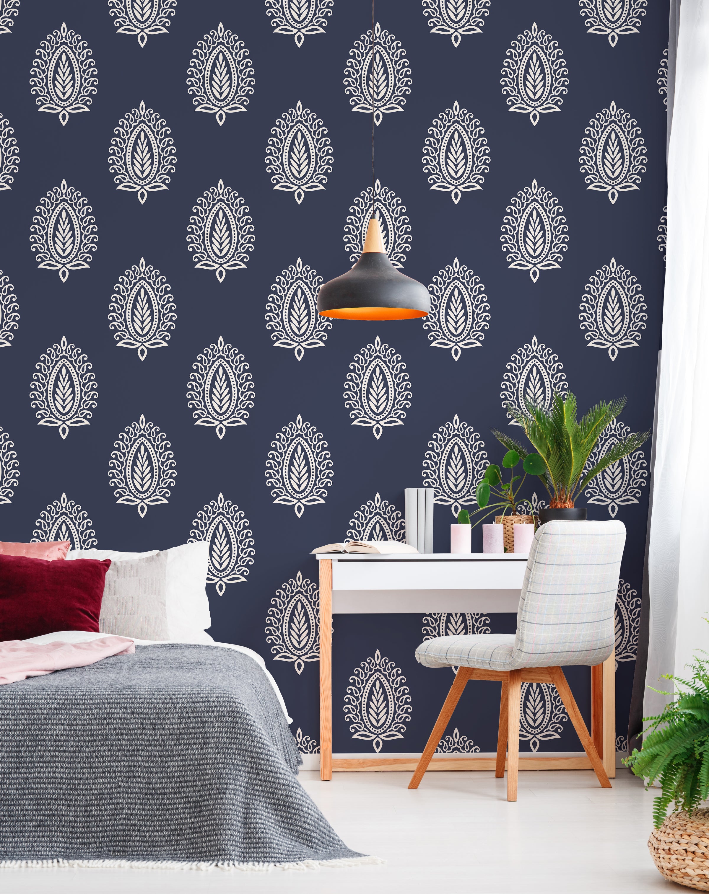 Boho paisley wallpaper deep blue design creates elegant and calming bedroom feature wall