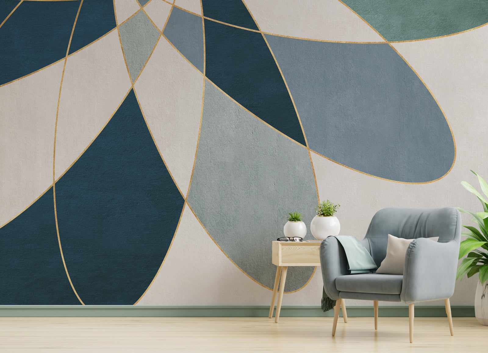 Blue Gold Geometric Wall Mural | Abstract Peel and Stick Wallpaper
