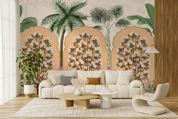 Floral botanical design in warm hues for chic dining room feature wall decor