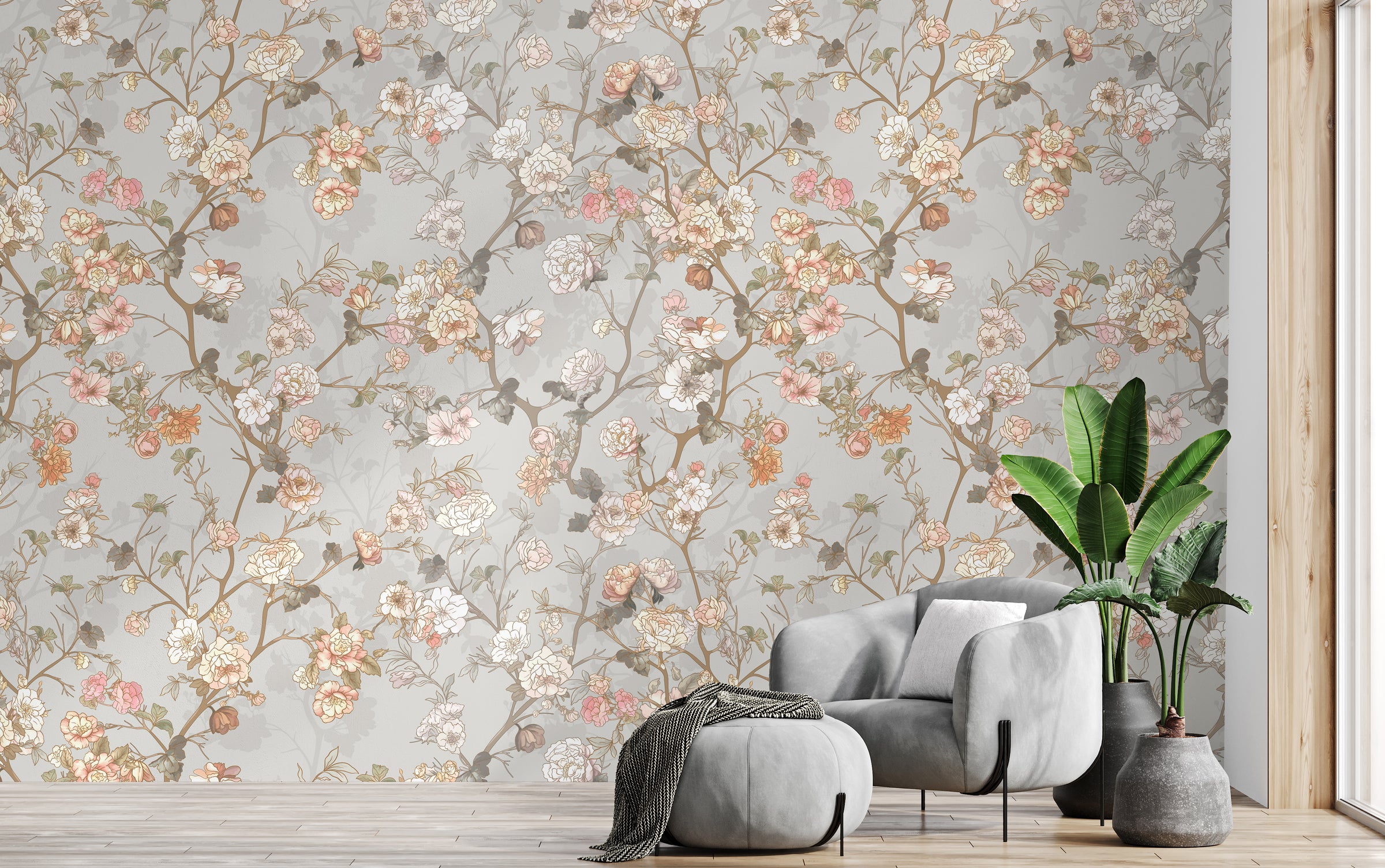 Neutral botanical design with soft pink flowers, stylish bedroom feature wall styling