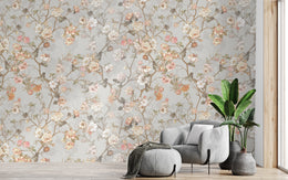 Neutral botanical design with soft pink flowers, stylish bedroom feature wall styling