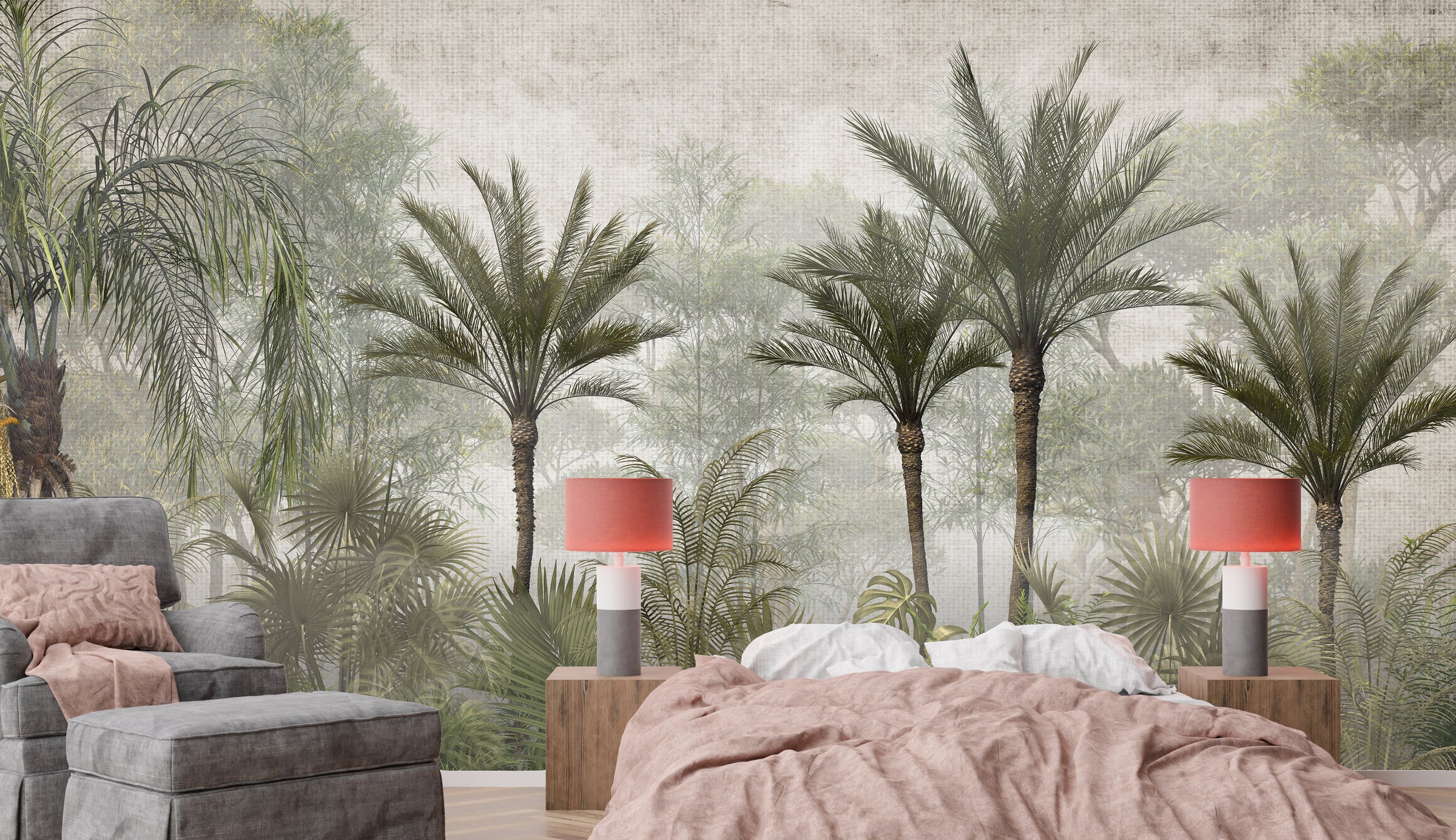 Soft Botanical Palm Tree Wallpaper Highlighting Bedroom Interior with Serene Nature Style