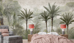 Soft Botanical Palm Tree Wallpaper Highlighting Bedroom Interior with Serene Nature Style
