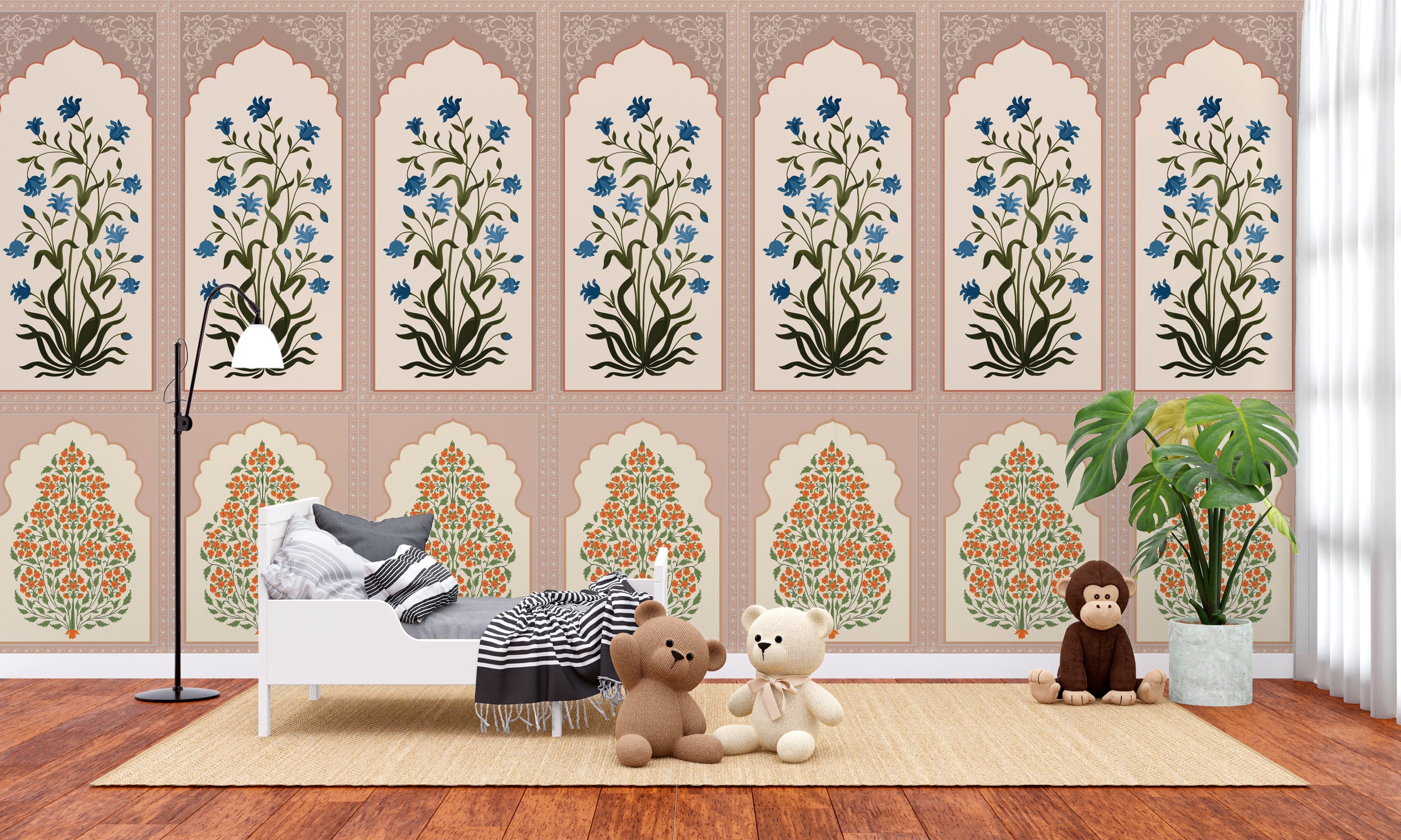 Stylish hallway accent wall showcasing Mughal floral mural with ornate arches in pastel earthy tones