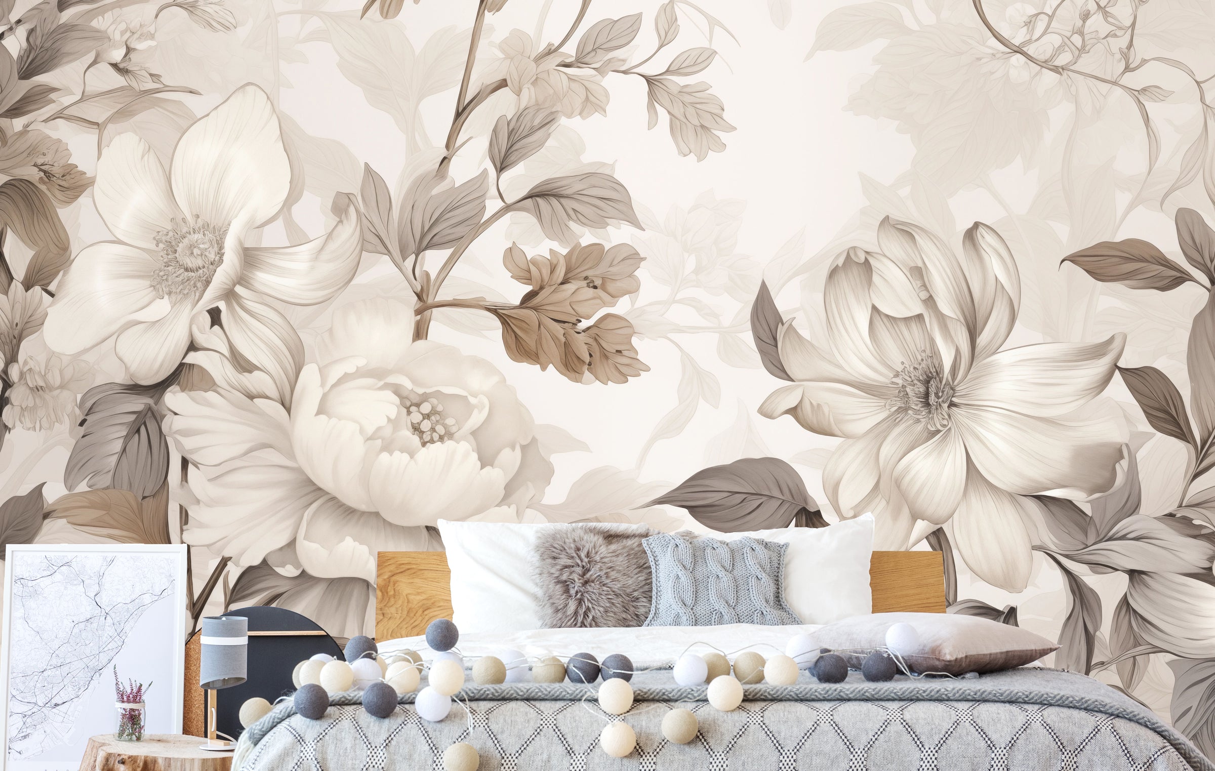 Soft neutral botanical peony wall mural creating peaceful bedroom relaxation atmosphere.