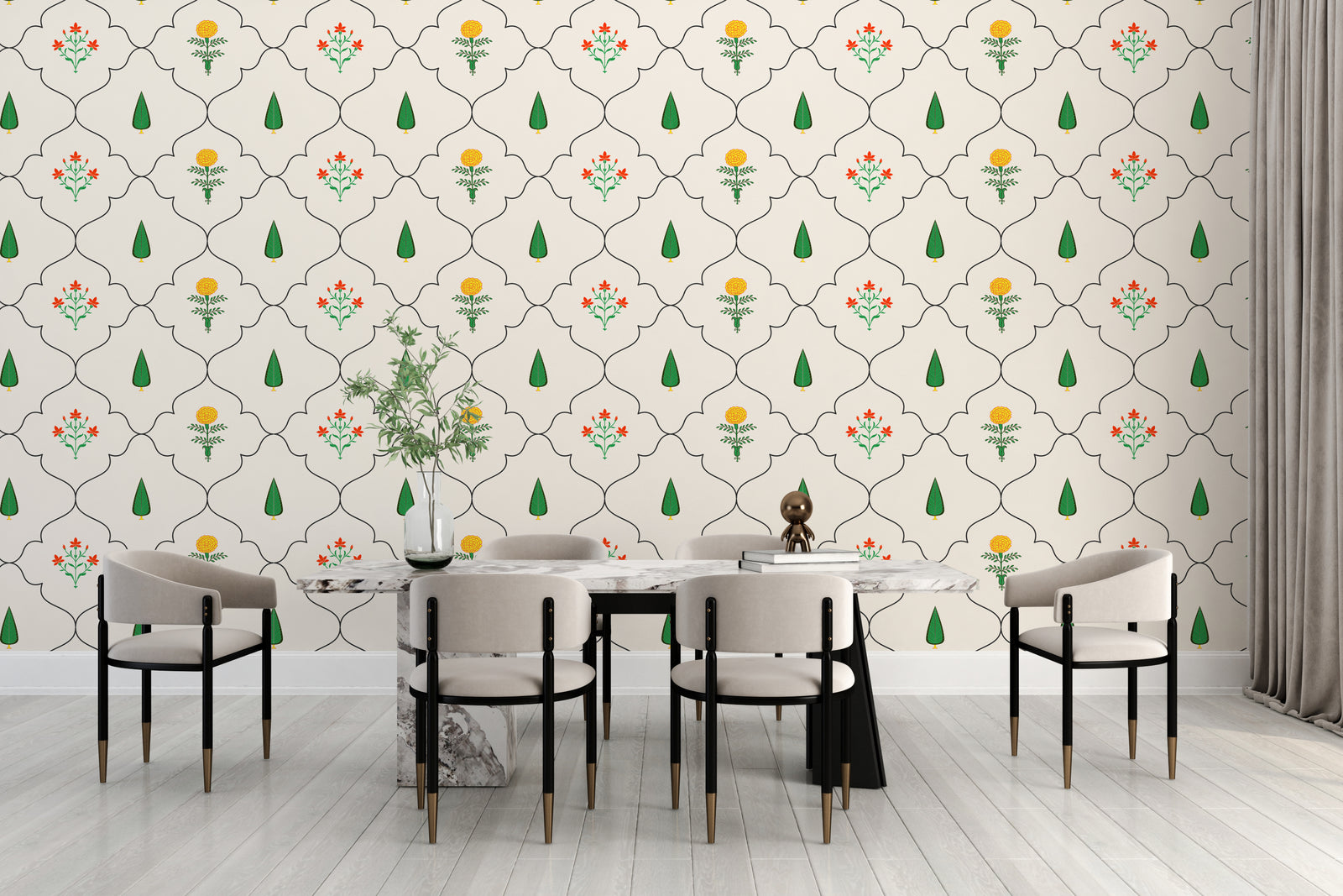 Modern botanical wallpaper with floral motifs for dining feature wall