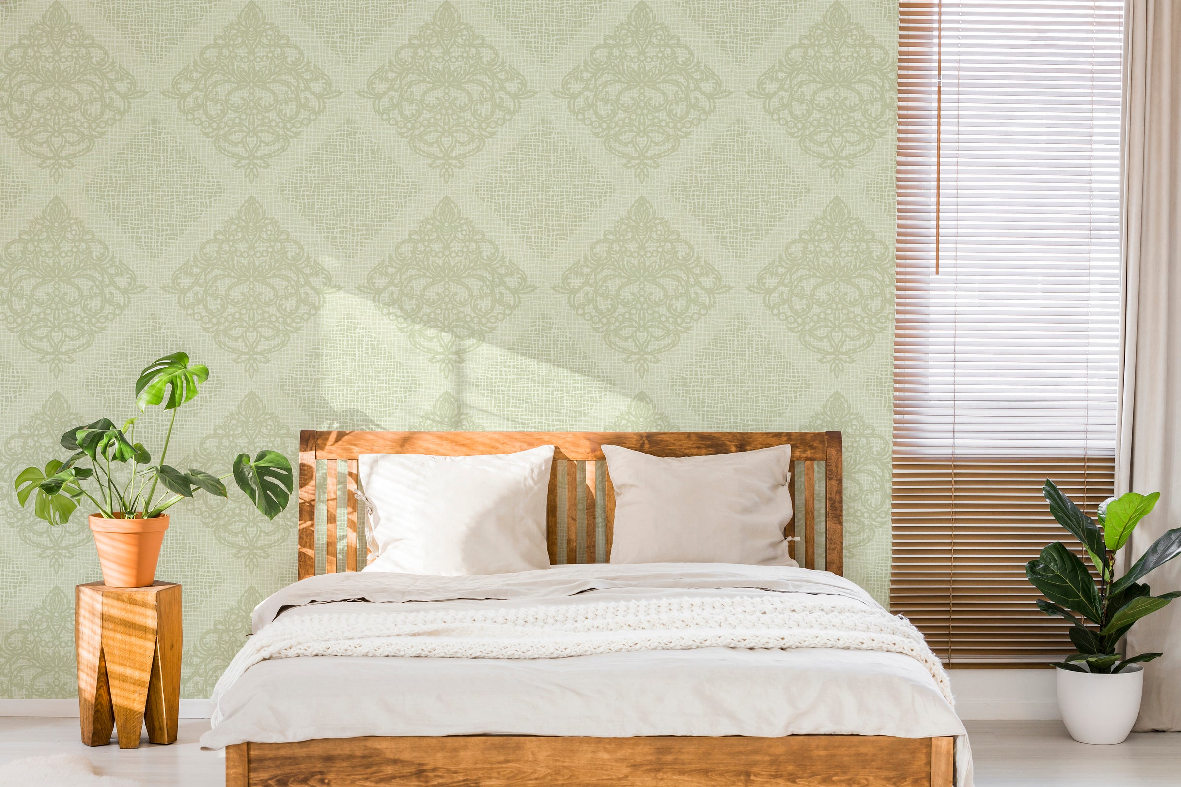 Classic sage damask removable wallpaper for elegant guest room interior styling