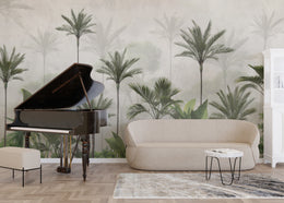 Misty jungle palm wallpaper in calming green shades for serene bedroom interior design