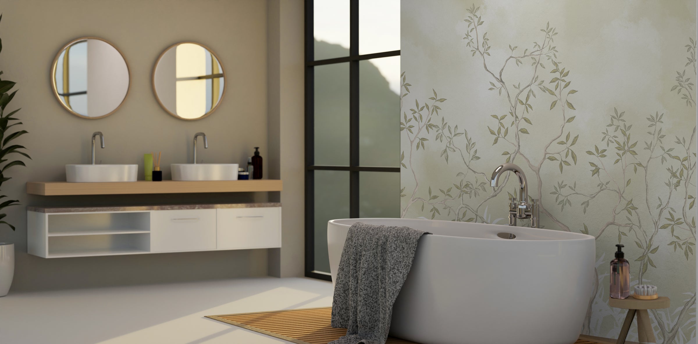 Subtle greenery tree mural enhancing contemporary bathroom ambiance